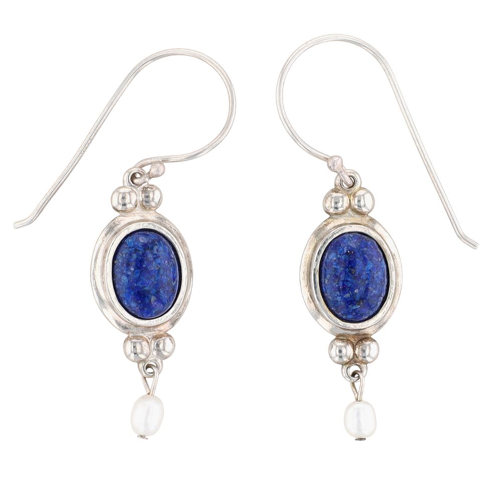 Lot 402: Coleman Co Sterling Silver Crushed Lapis Pearl Dangle Earrings