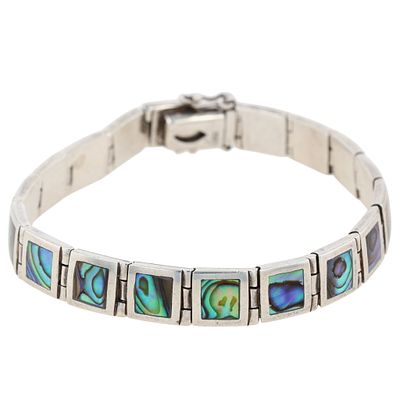 Sterling Silver Abalone Inlay Square Hinge Link Bracelet. Sterling Silver, Abalone Inlay Square 