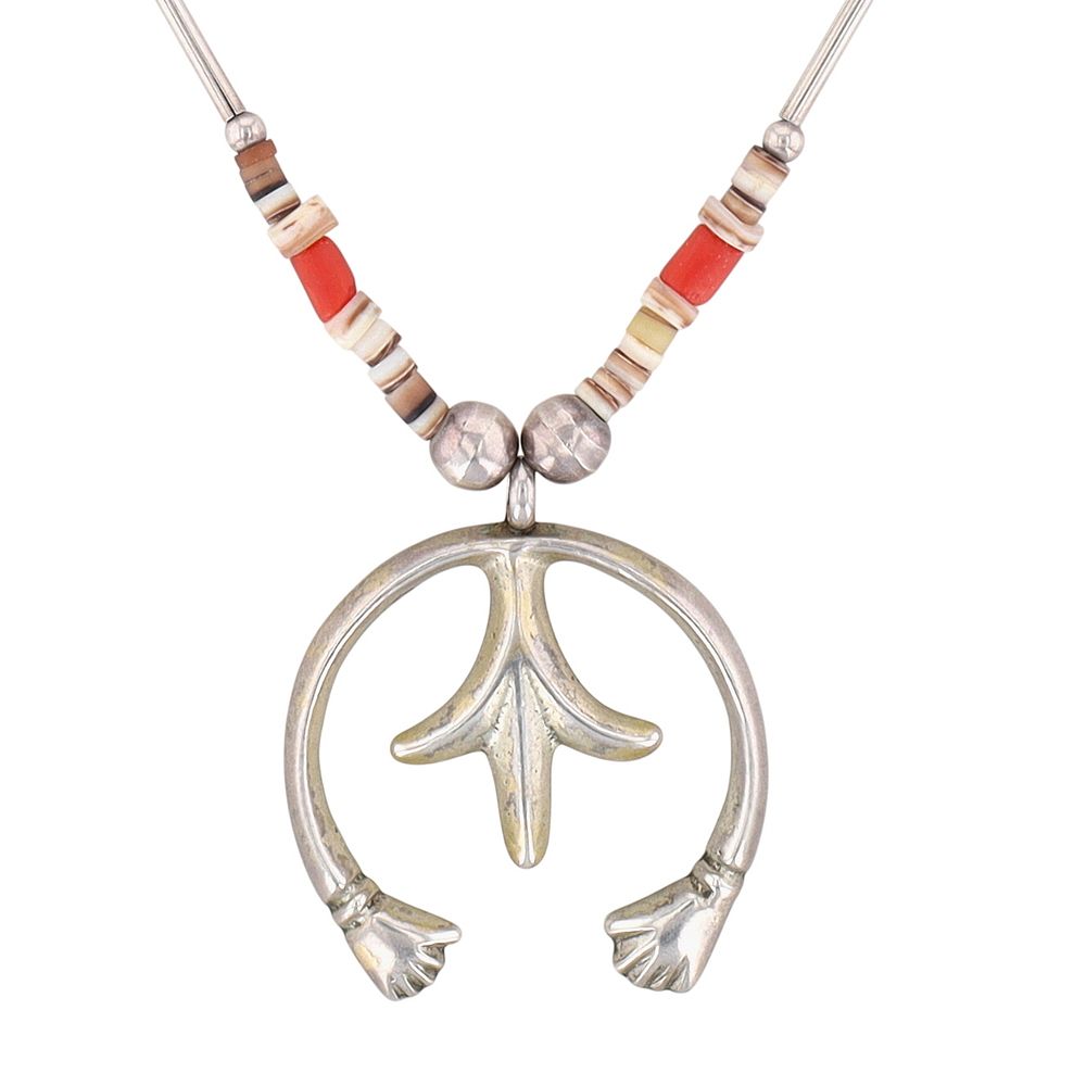 Lot 404: Southwest Sterling Liquid Silver Coral Heishi Bead Naja Necklace