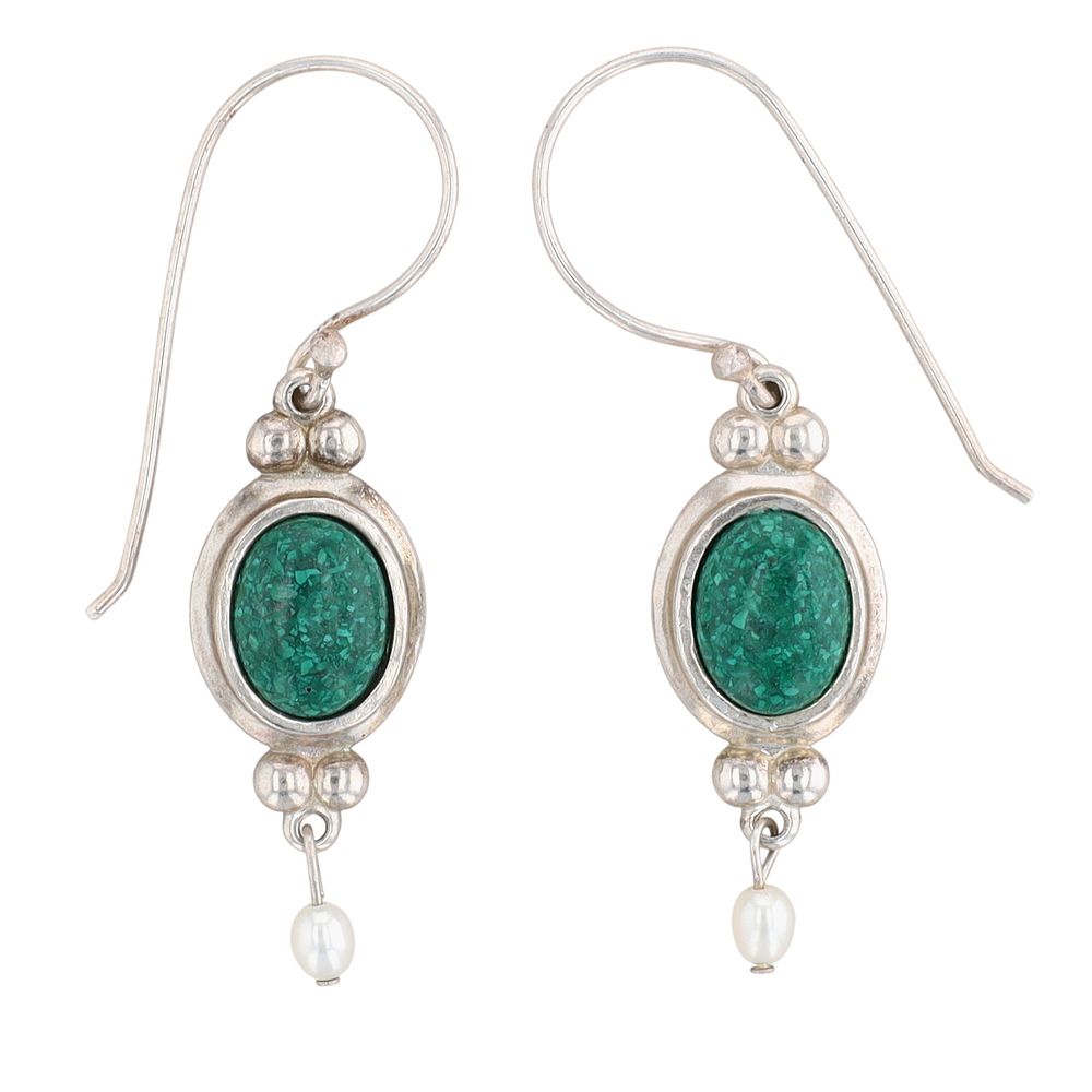 Lot 407: Coleman Co Sterling Silver Crushed Malachite Pearl Dangle Earrings
