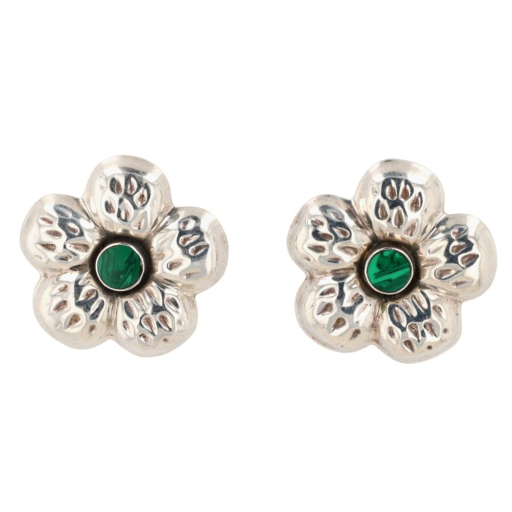 Lot 411: Taxco Mexico Sterling Silver Malachite Hollow Form Flower Stud Earrings