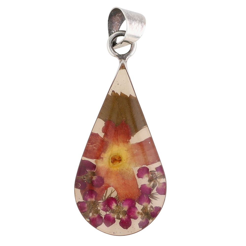 Lot 413: Signed Mexico Sterling Silver Resin Dried Flower Teardrop Pendant
