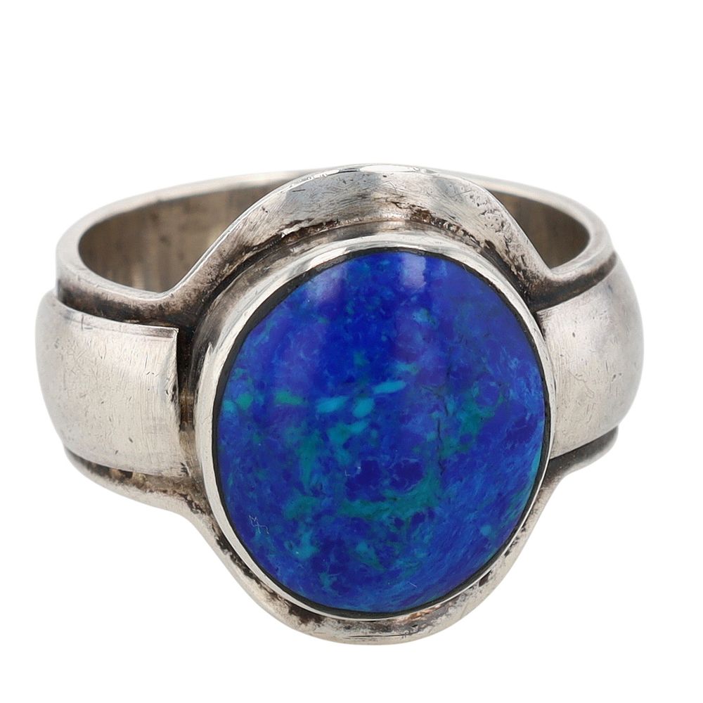 Lot 419: 950 Silver Azurite Malachite Oval Thick Band Ring Size 7.5