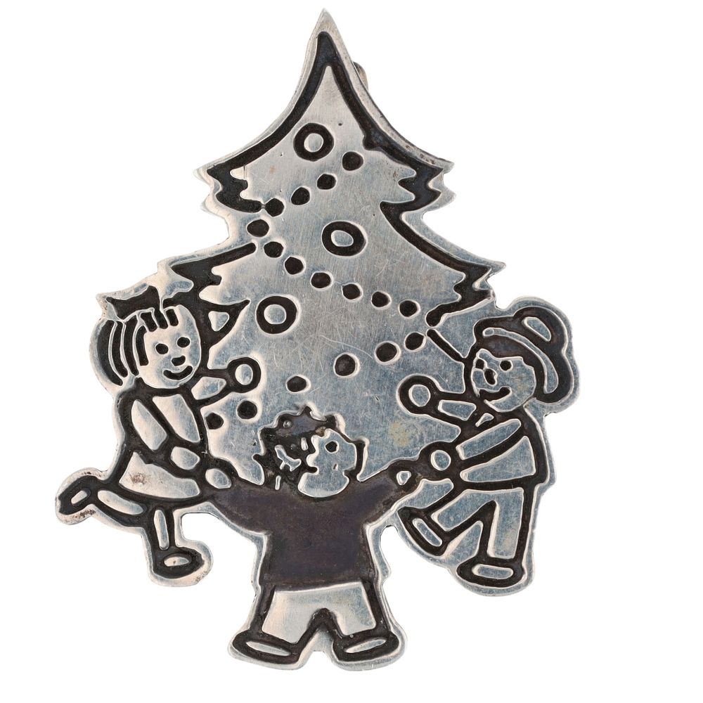 Lot 428: Signed Mexico Sterling Silver Children Christmas Tree Brooch