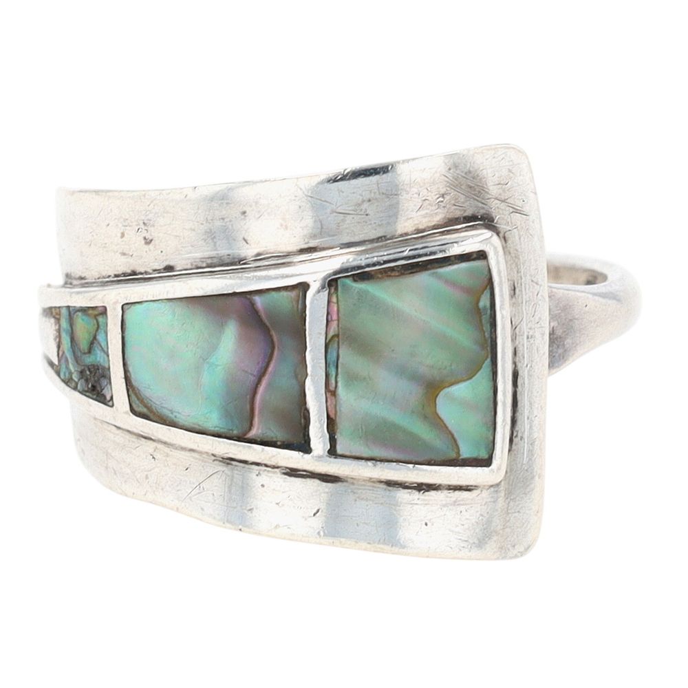 Lot 434: Signed Taxco Mexico Sterling Silver Abalone Inlay Adjustable Ring