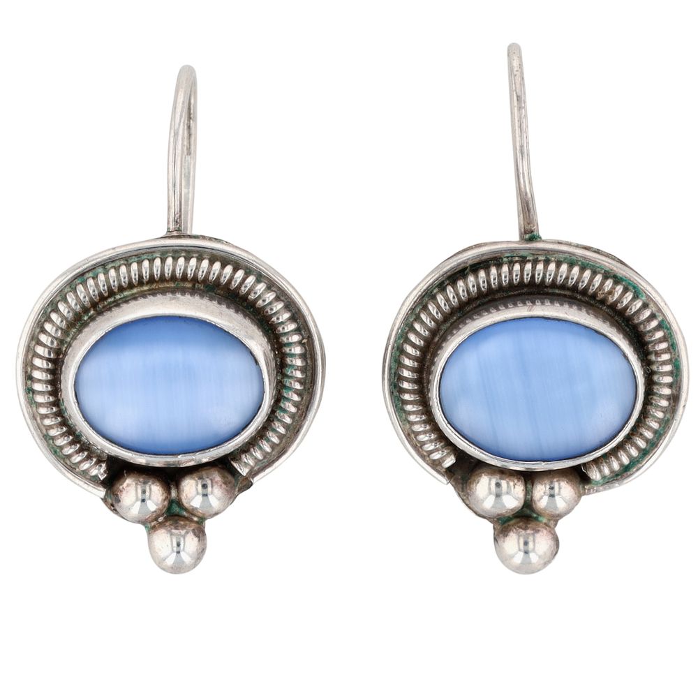 Lot 437: Signed Mexico Sterling Silver Blue Mother of Pearl Oval Drop Earrings
