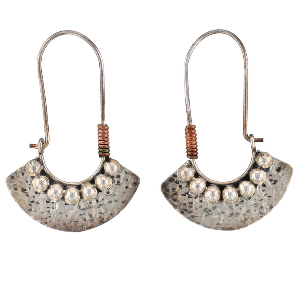 Lot 447: Signed Mexico Sterling Silver Copper Hammered Dangle Earrings