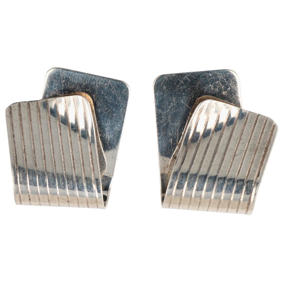 Lot 452: Signed 14K Yellow Gold Sterling Silver Textured Folded Stud Earrings
