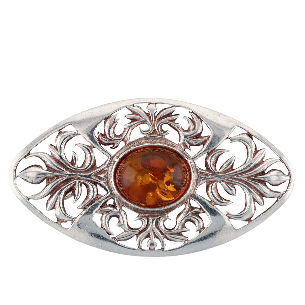 Lot 514: Vintage Nordic Sterling Silver Amber Organic Pierced Oval Brooch