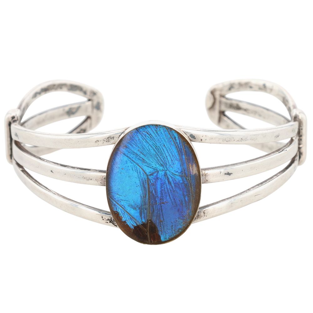 Lot 525: Sterling Silver Iridescent Morpho Butterfly Wing Oval Cuff Bracelet