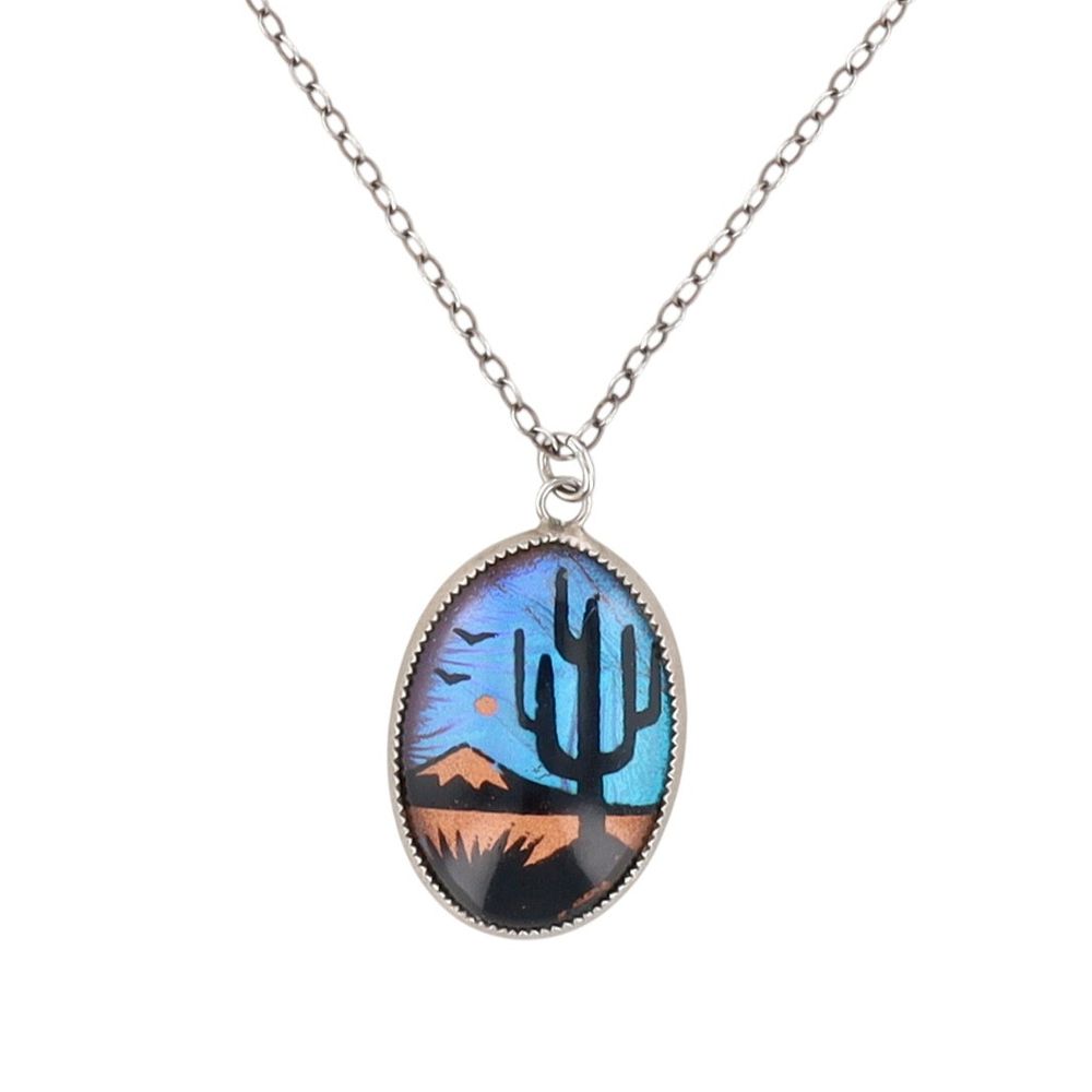 Lot 526: AJC Co Sterling Silver Butterfly Wing Reverse Painted Desert Necklace