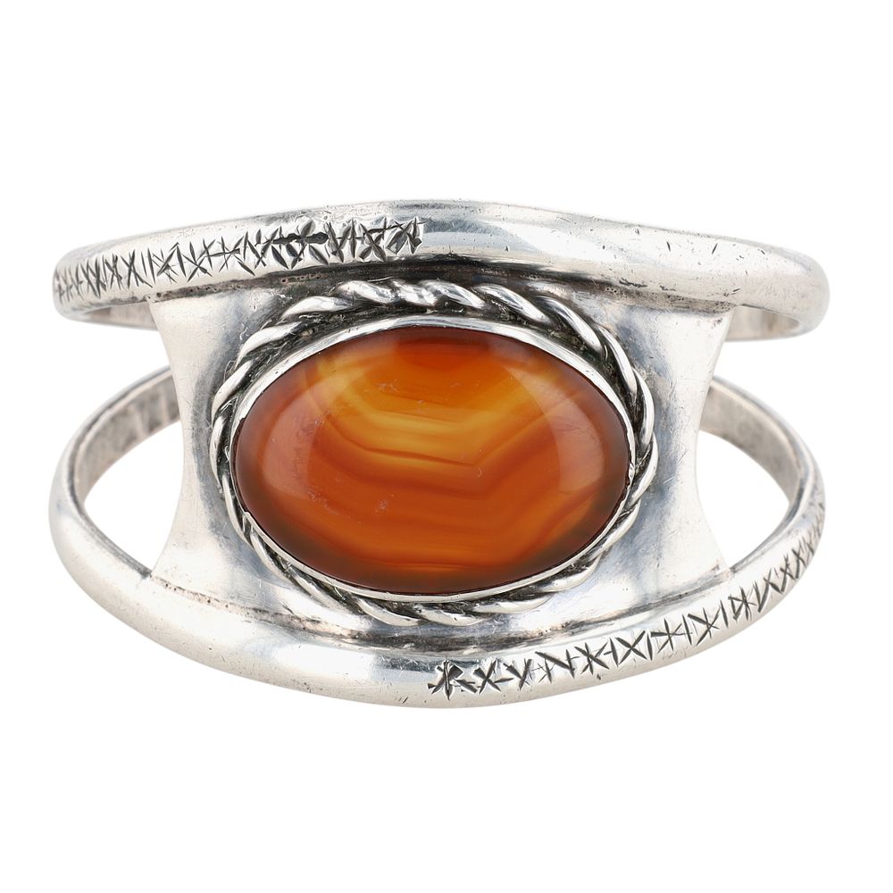 Lot 531: Signed Vintage Sterling Silver Banded Agate Engraved Cuff Bracelet
