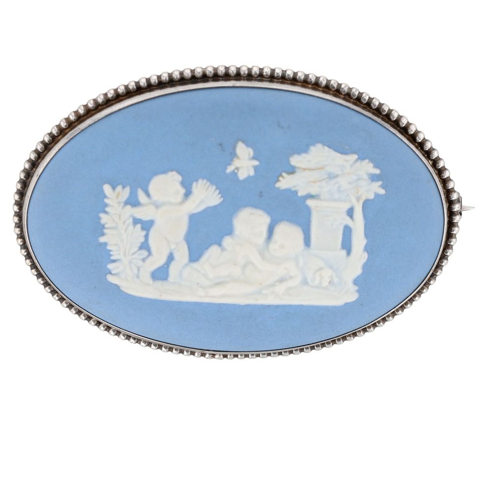 Lot 541: Wedgwood England Sterling Silver Porcelain Cherub Garden Brooch