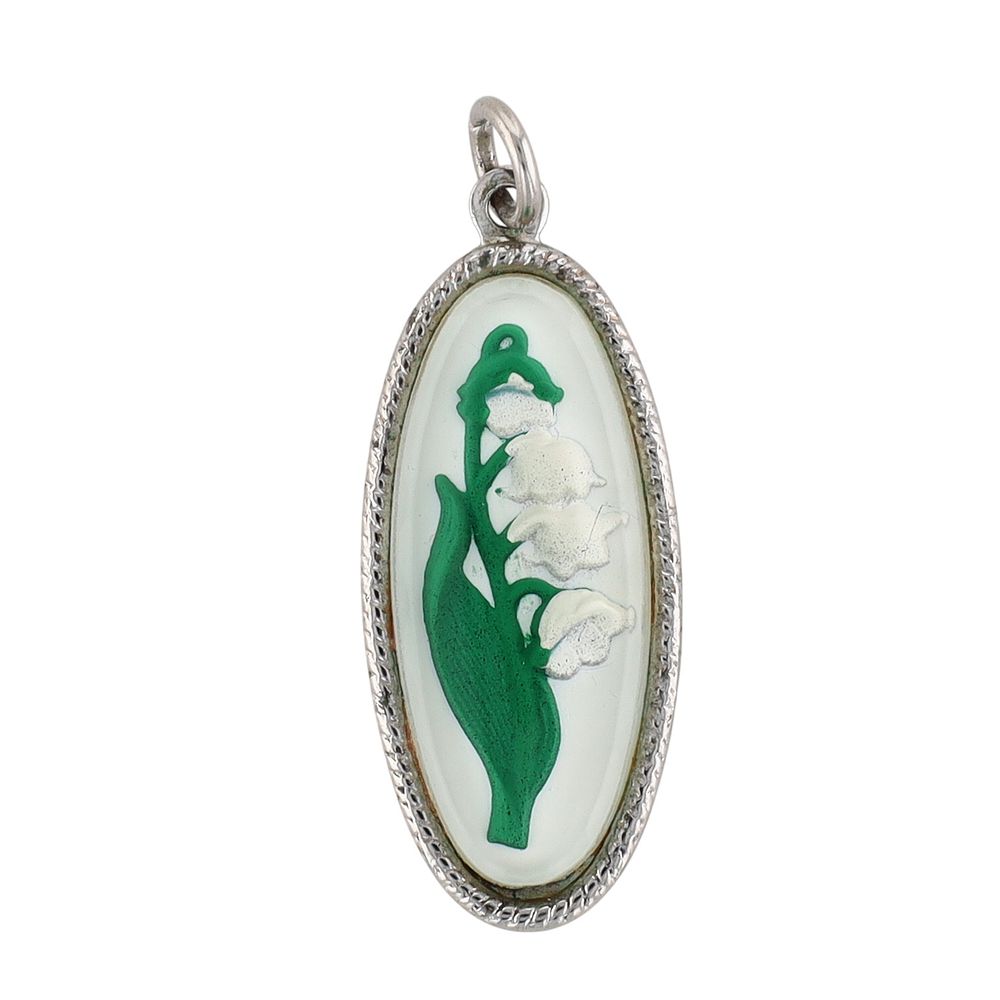 Lot 550: Signed Sterling Silver Acrylic Reverse Intaglio Lily of the Valley Pendant