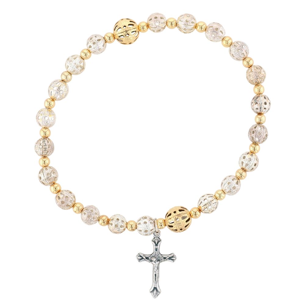 Lot 553: Italian Mixed Metals Beaded Crucifix Charm Stretch Bracelet