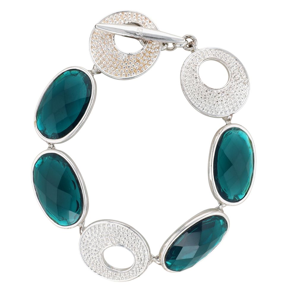 Lot 564: Liz Claiborne Silver Tone Metal Green Rhinestone Linked Oval Bracelet