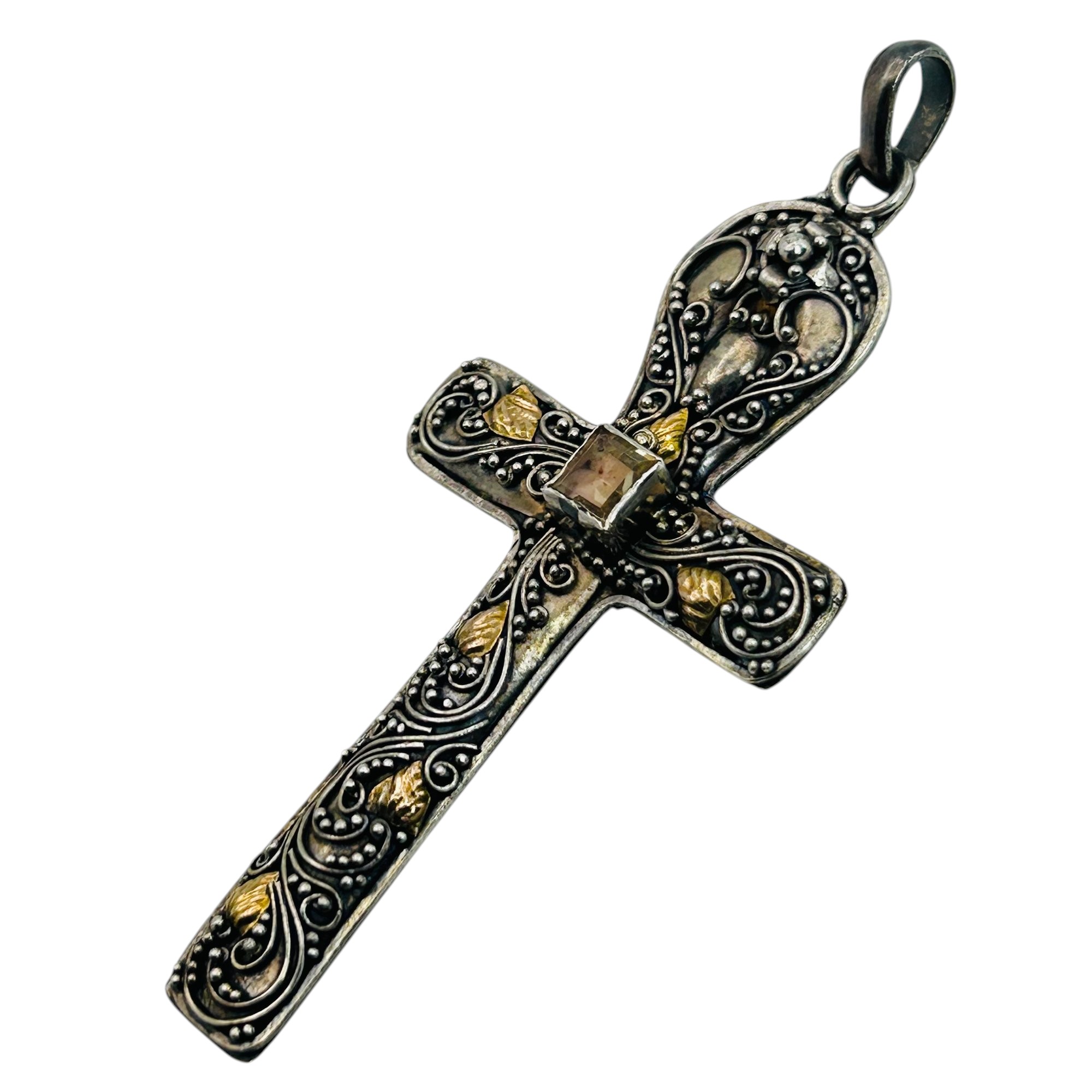 Sterling Citrine Decorative Cross Pendant