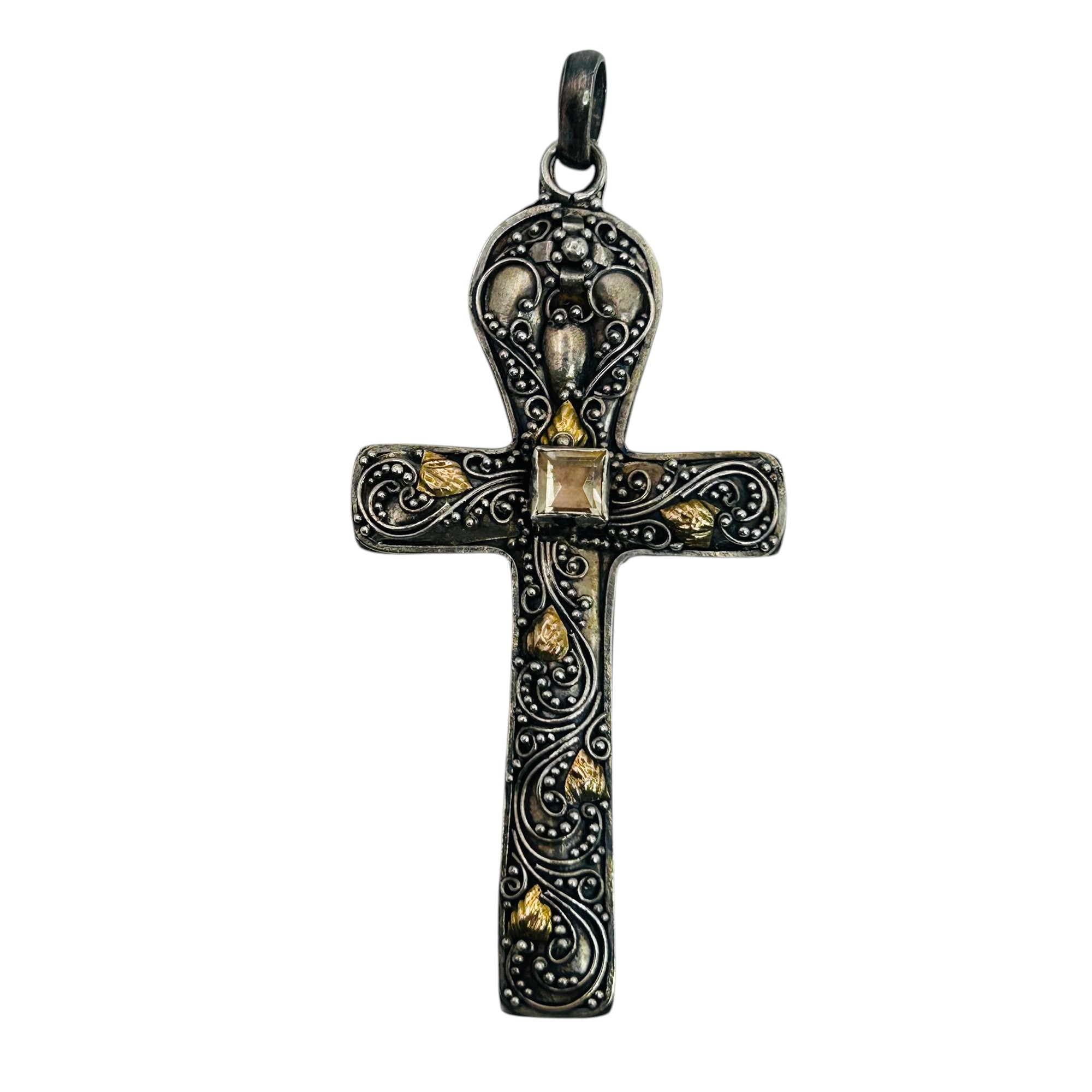 Sterling Citrine Decorative Cross Pendant