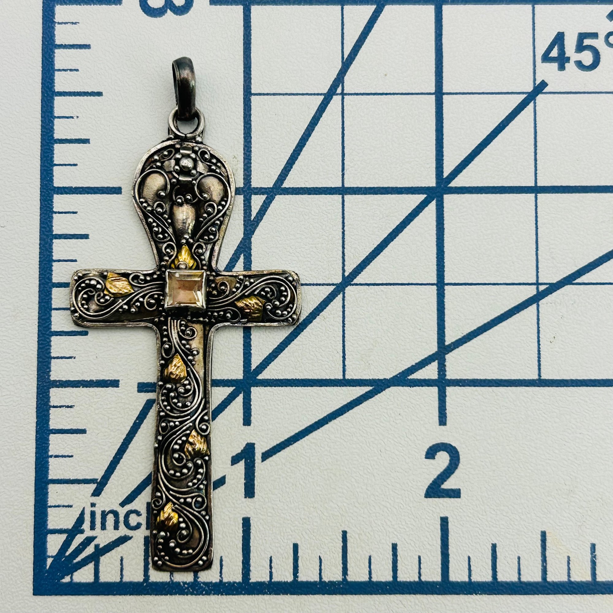 Sterling Citrine Decorative Cross Pendant