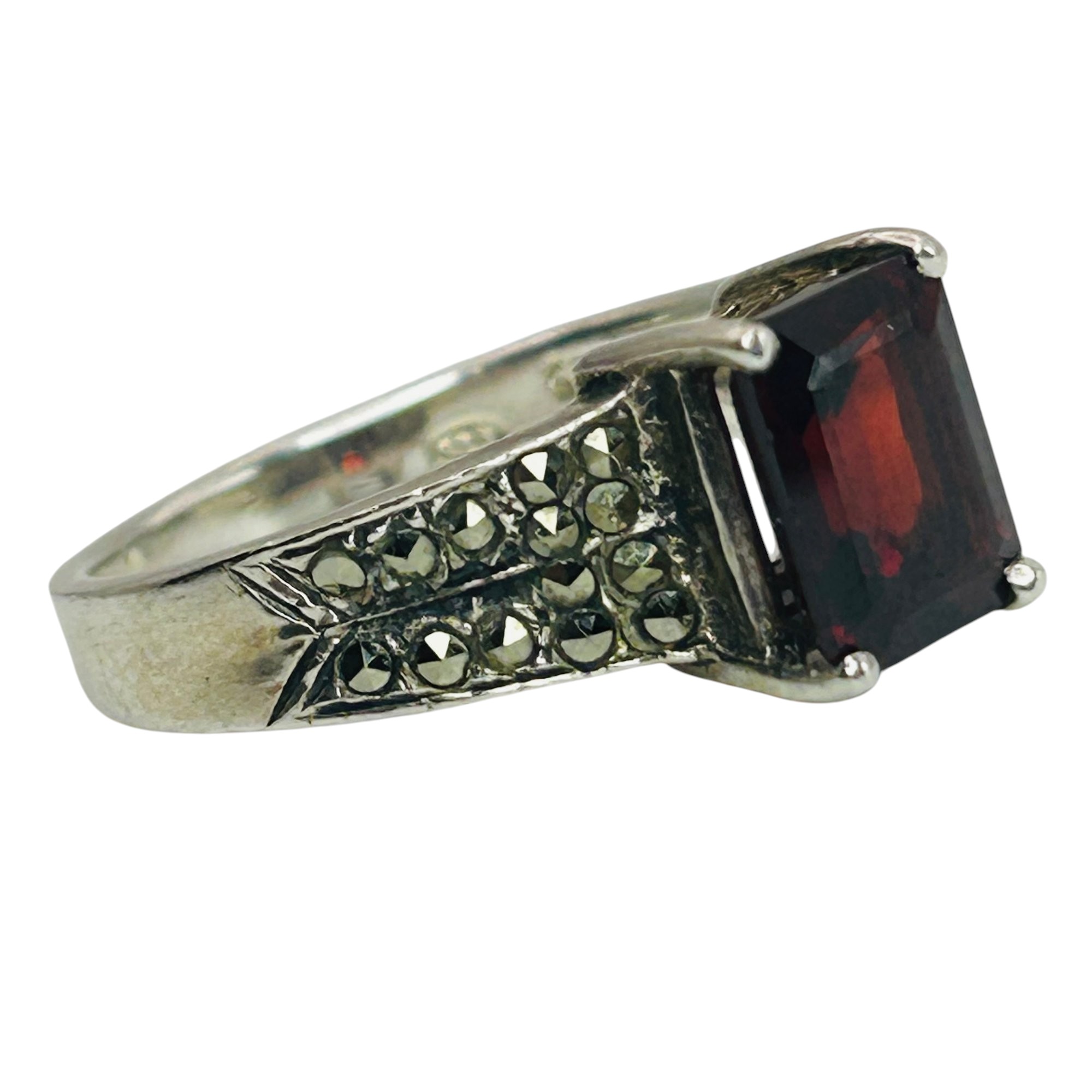 Sterling Garnet Marcasite Ring Sz 9