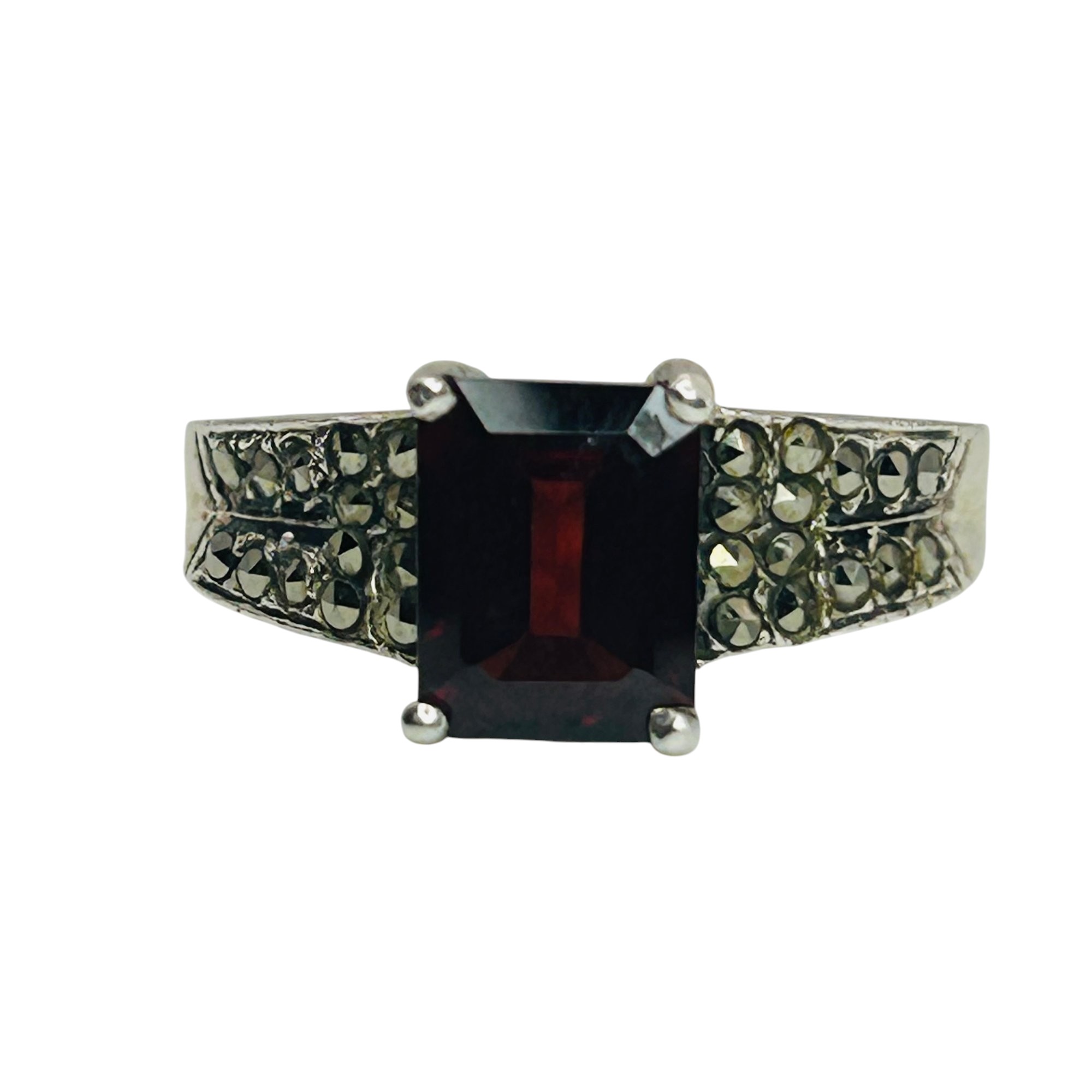 Sterling Garnet Marcasite Ring Sz 9
