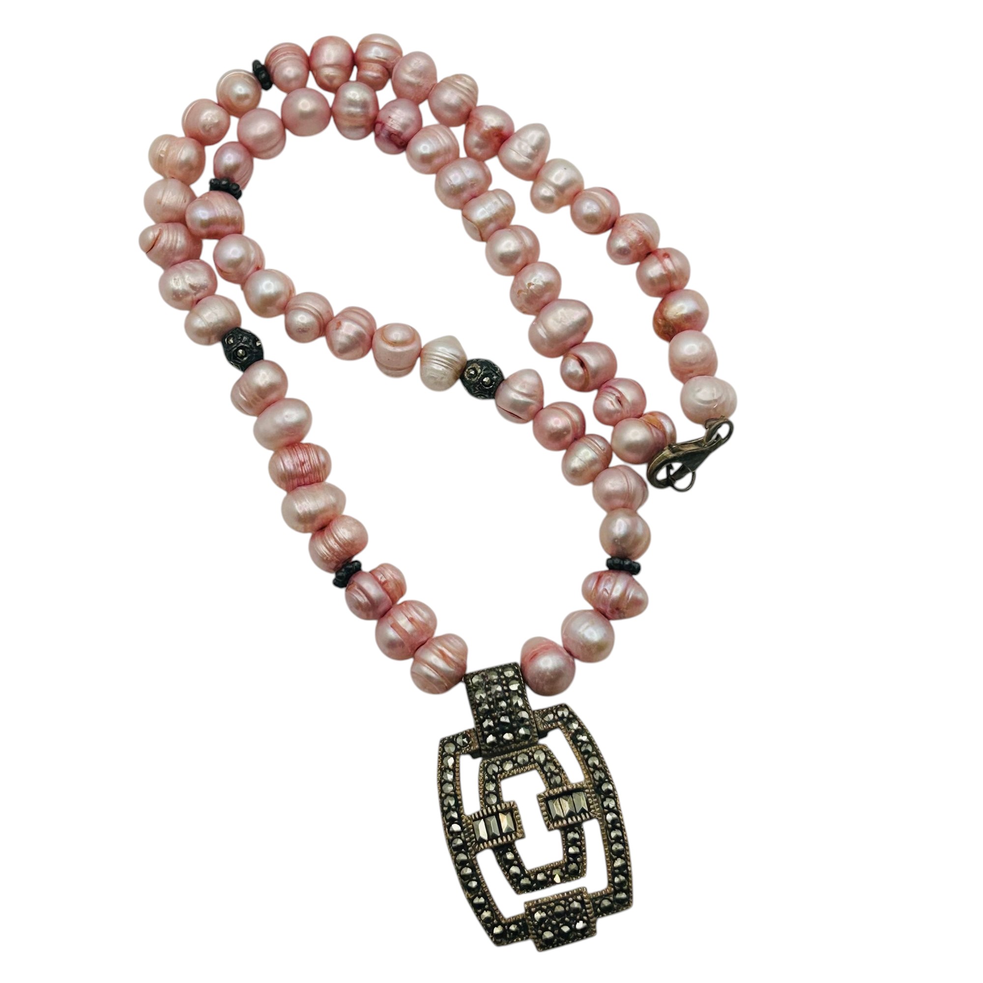 Sterling Dyed Pink Pearl Marcasite Necklace