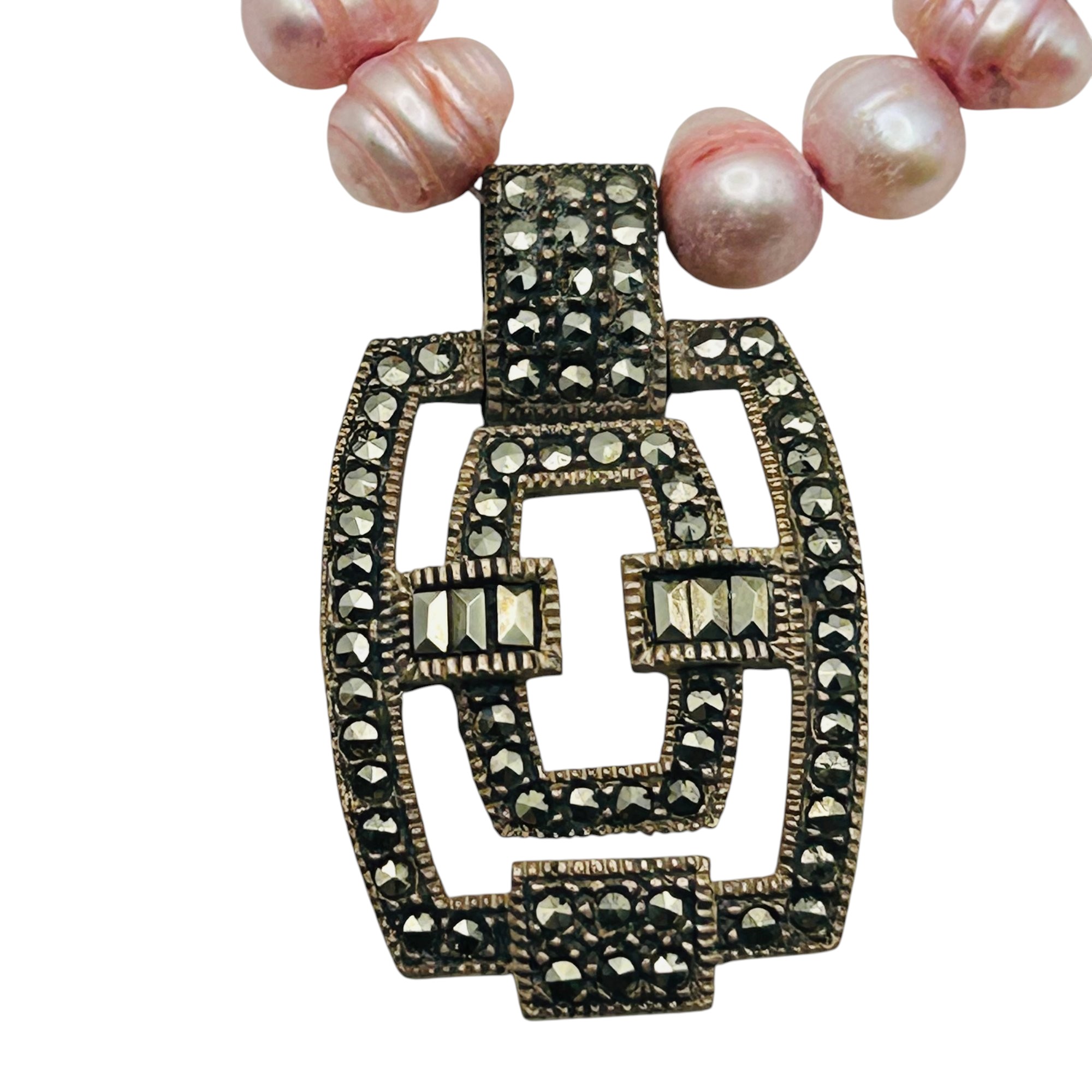 Sterling Dyed Pink Pearl Marcasite Necklace