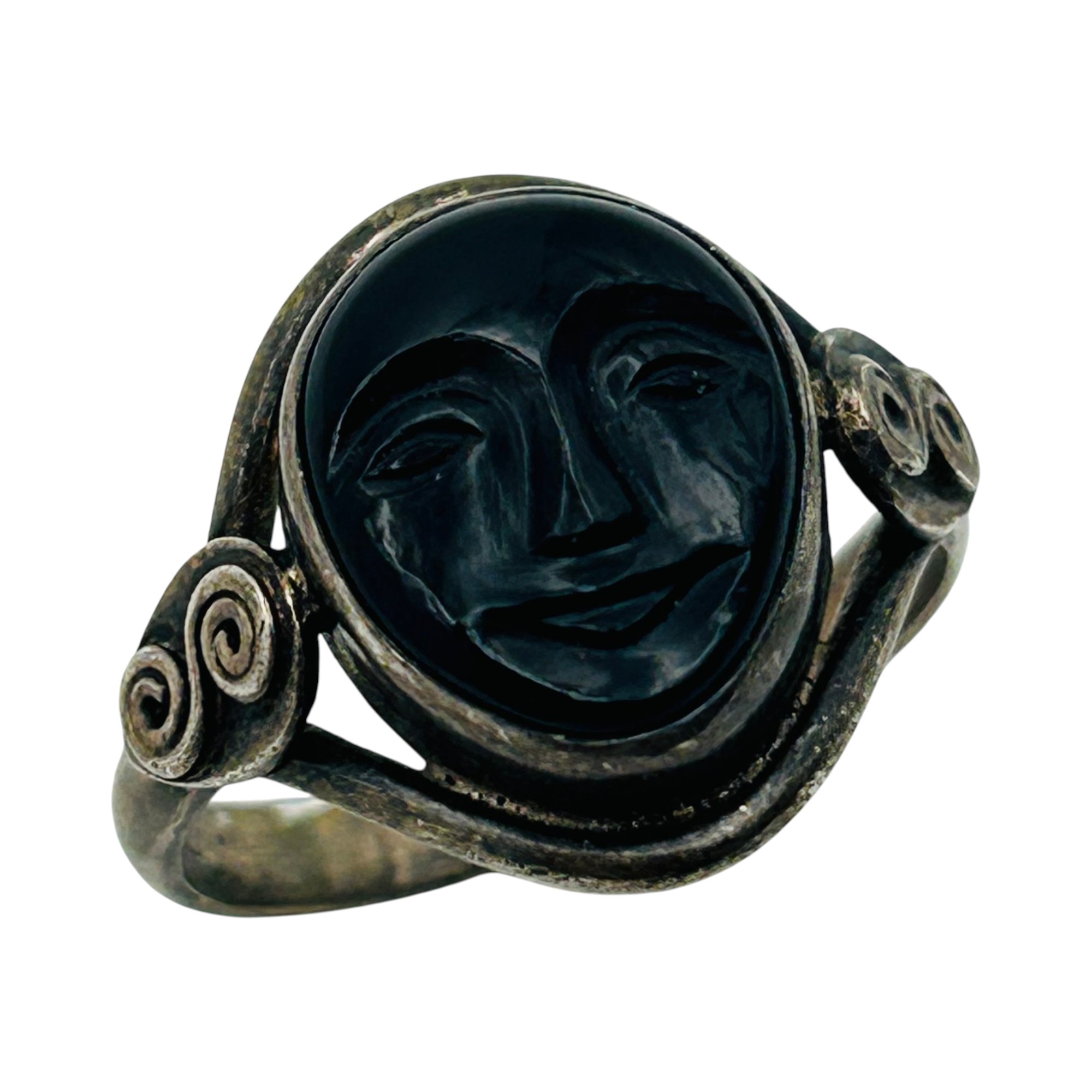 Sterling Onyx Face Detail Ring Sz 10.5