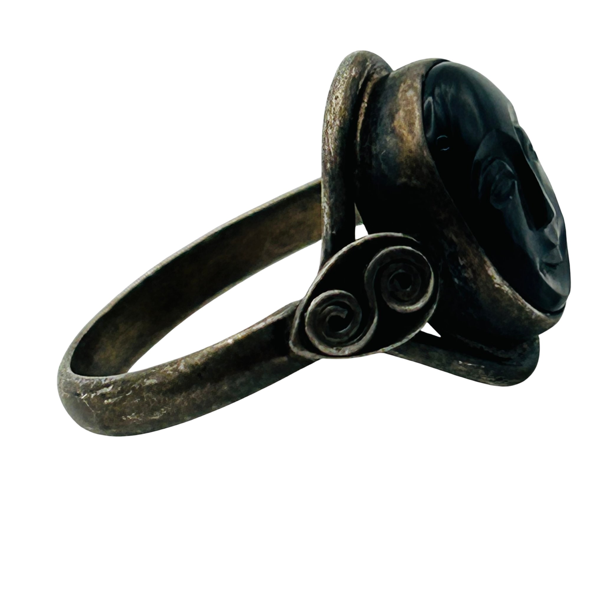 Sterling Onyx Face Detail Ring Sz 10.5