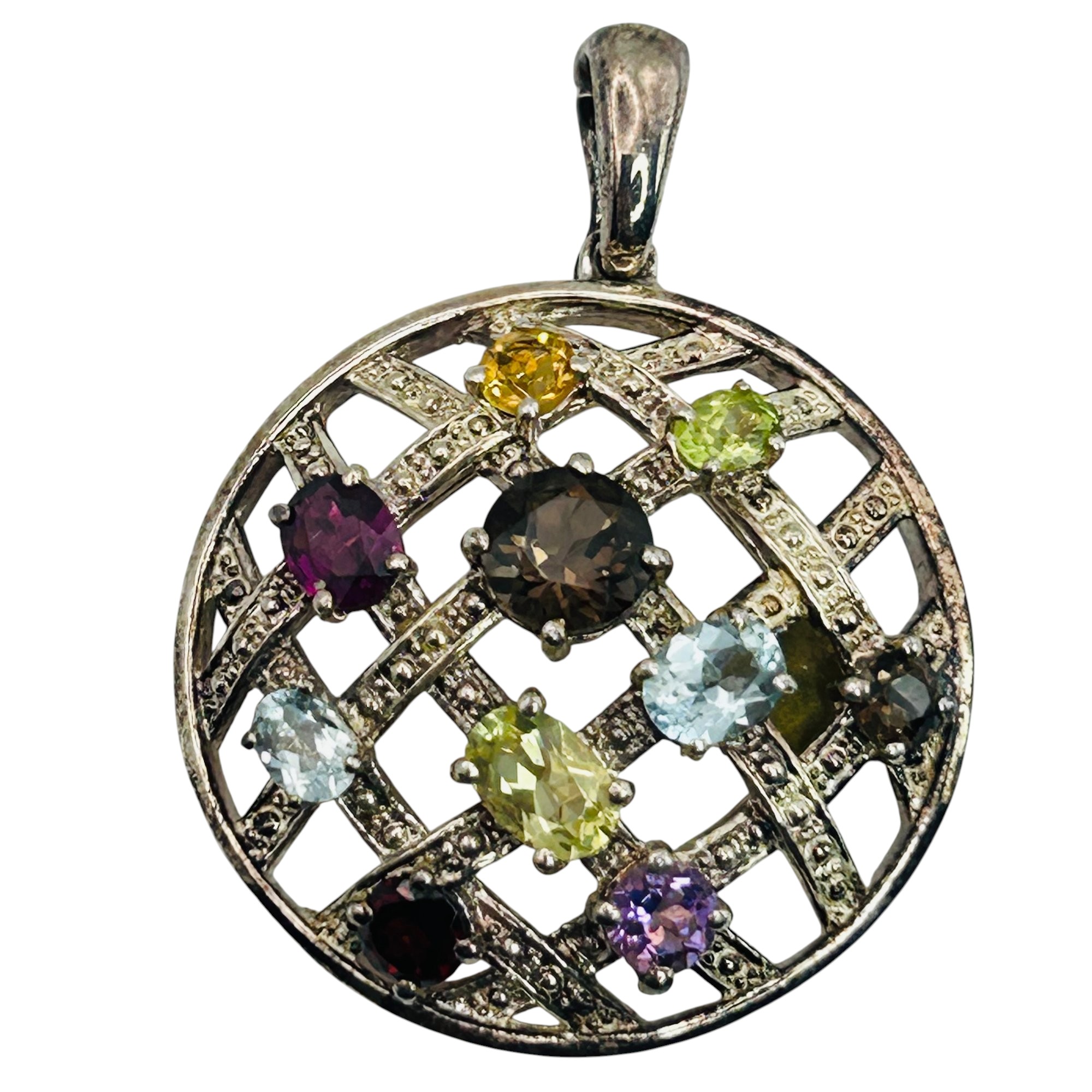 Signed Sterling Multi Gem Woven Pendant