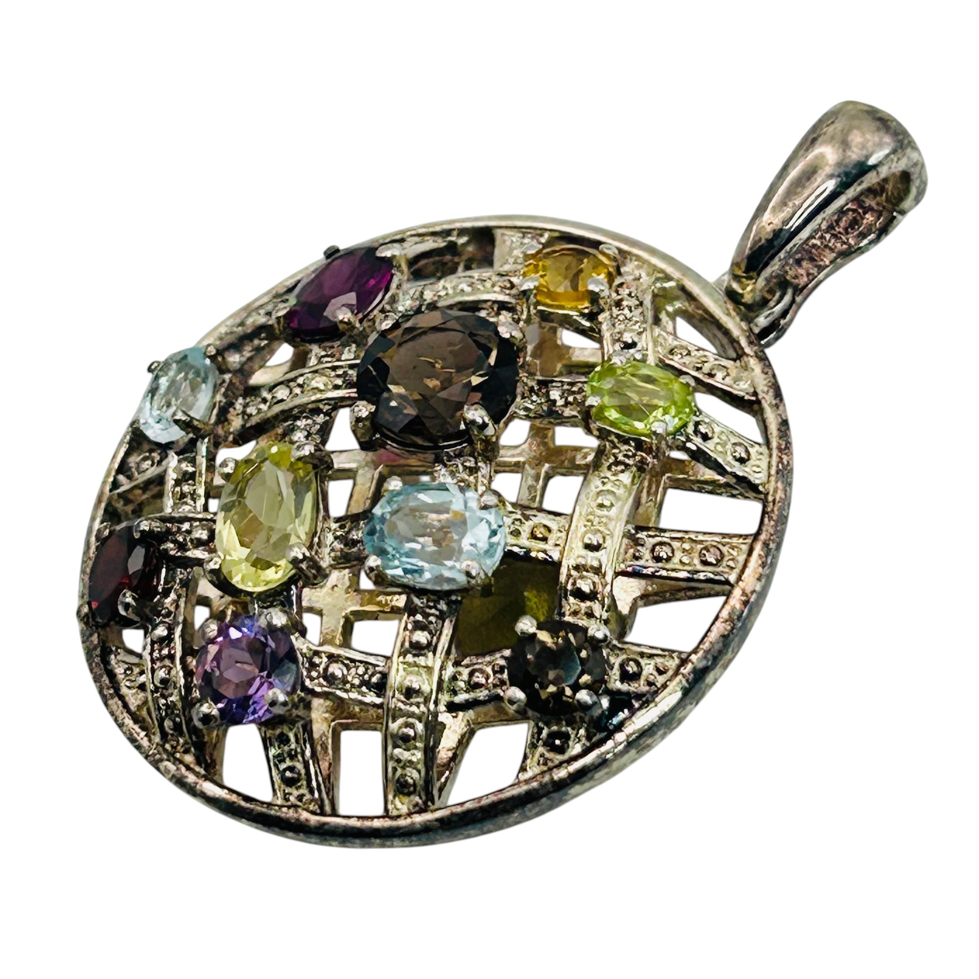 Signed Sterling Multi Gem Woven Pendant