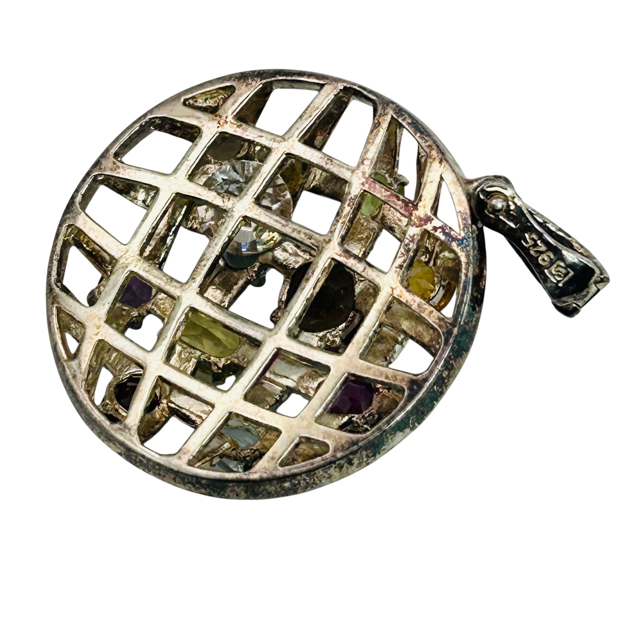Signed Sterling Multi Gem Woven Pendant