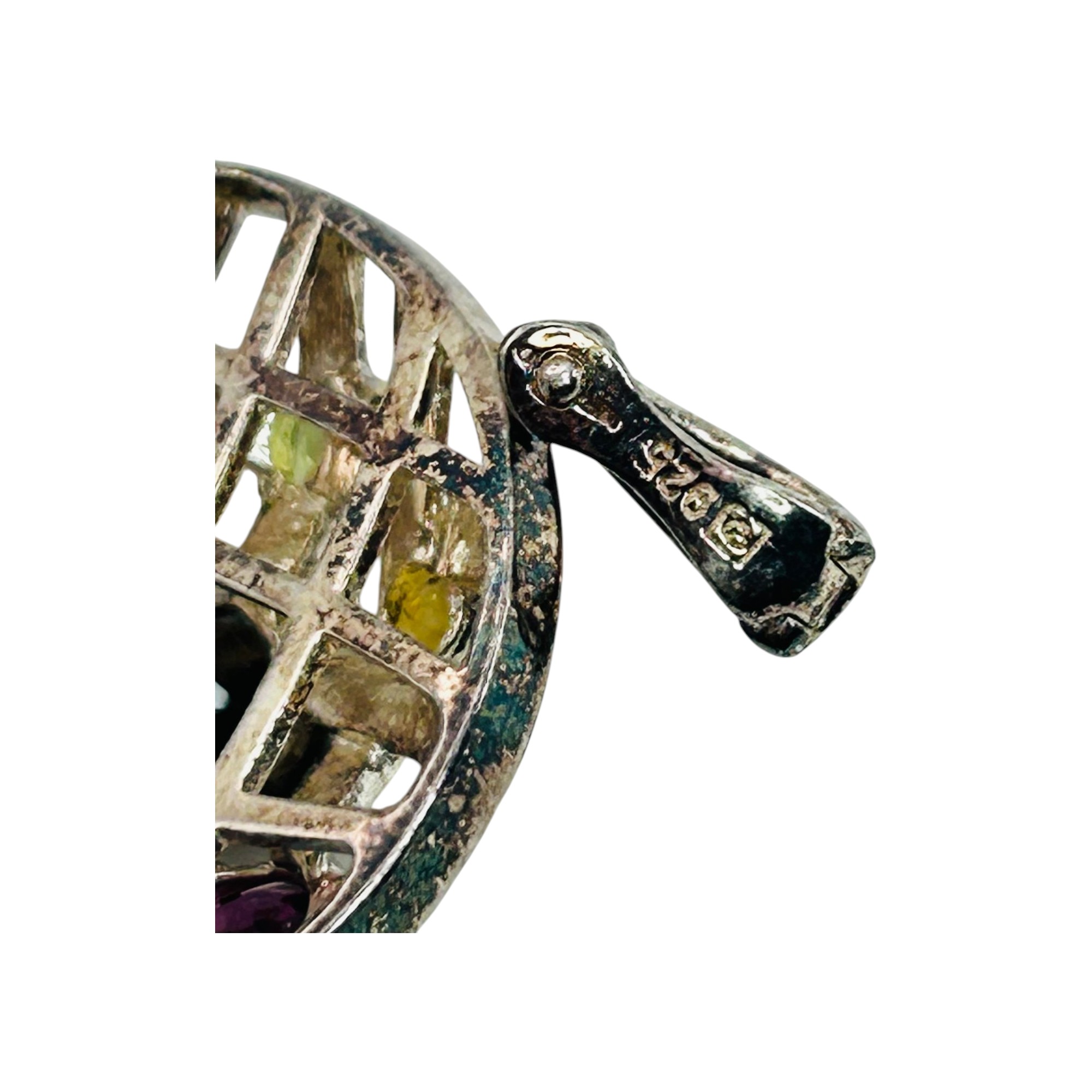 Signed Sterling Multi Gem Woven Pendant