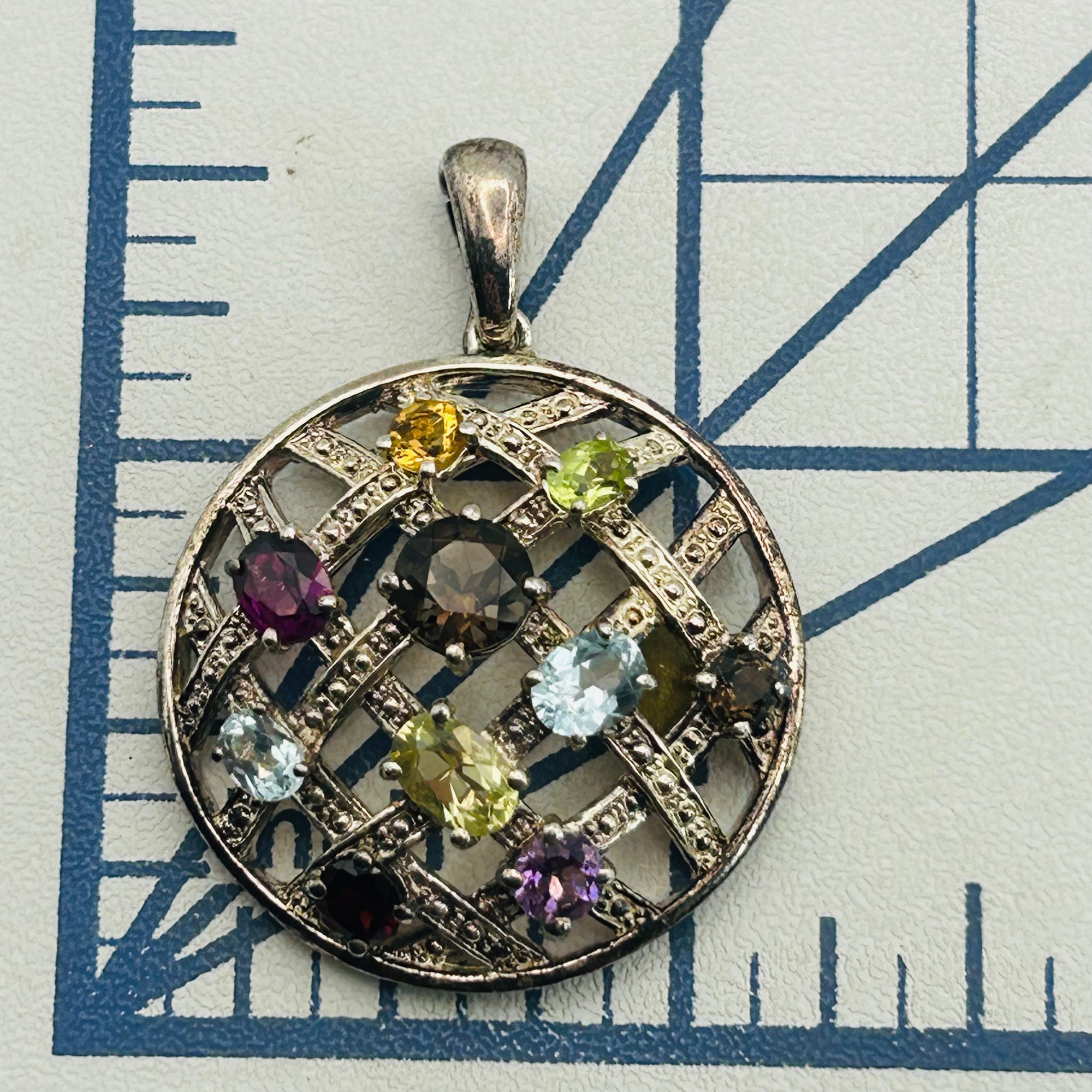 Signed Sterling Multi Gem Woven Pendant