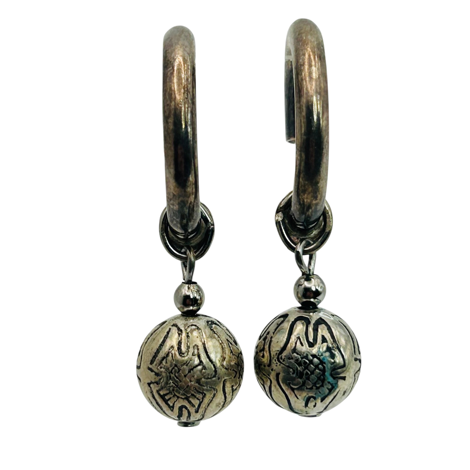 Sterling Dangle Half Hoop Ball Stamped Earrings