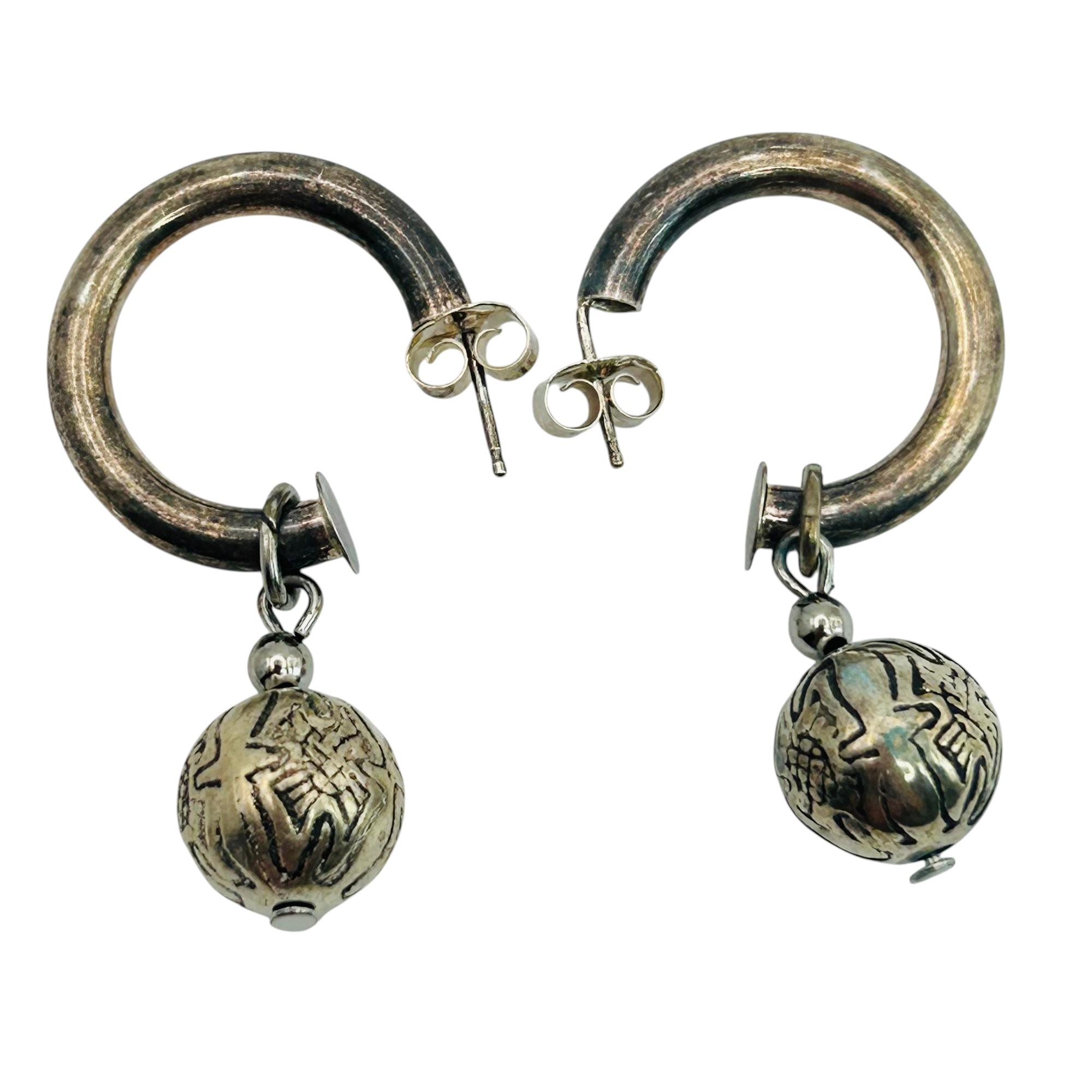 Sterling Dangle Half Hoop Ball Stamped Earrings