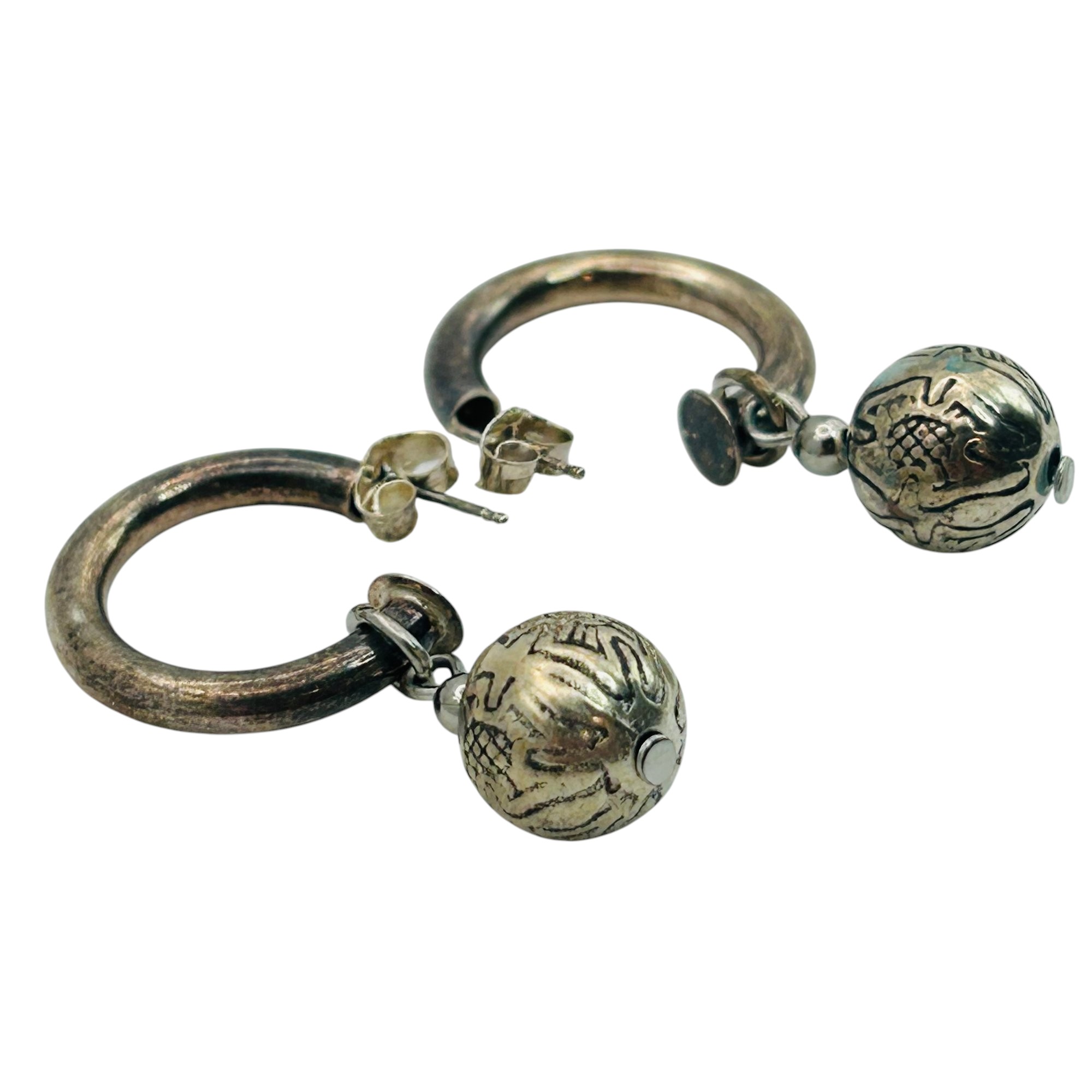 Sterling Dangle Half Hoop Ball Stamped Earrings