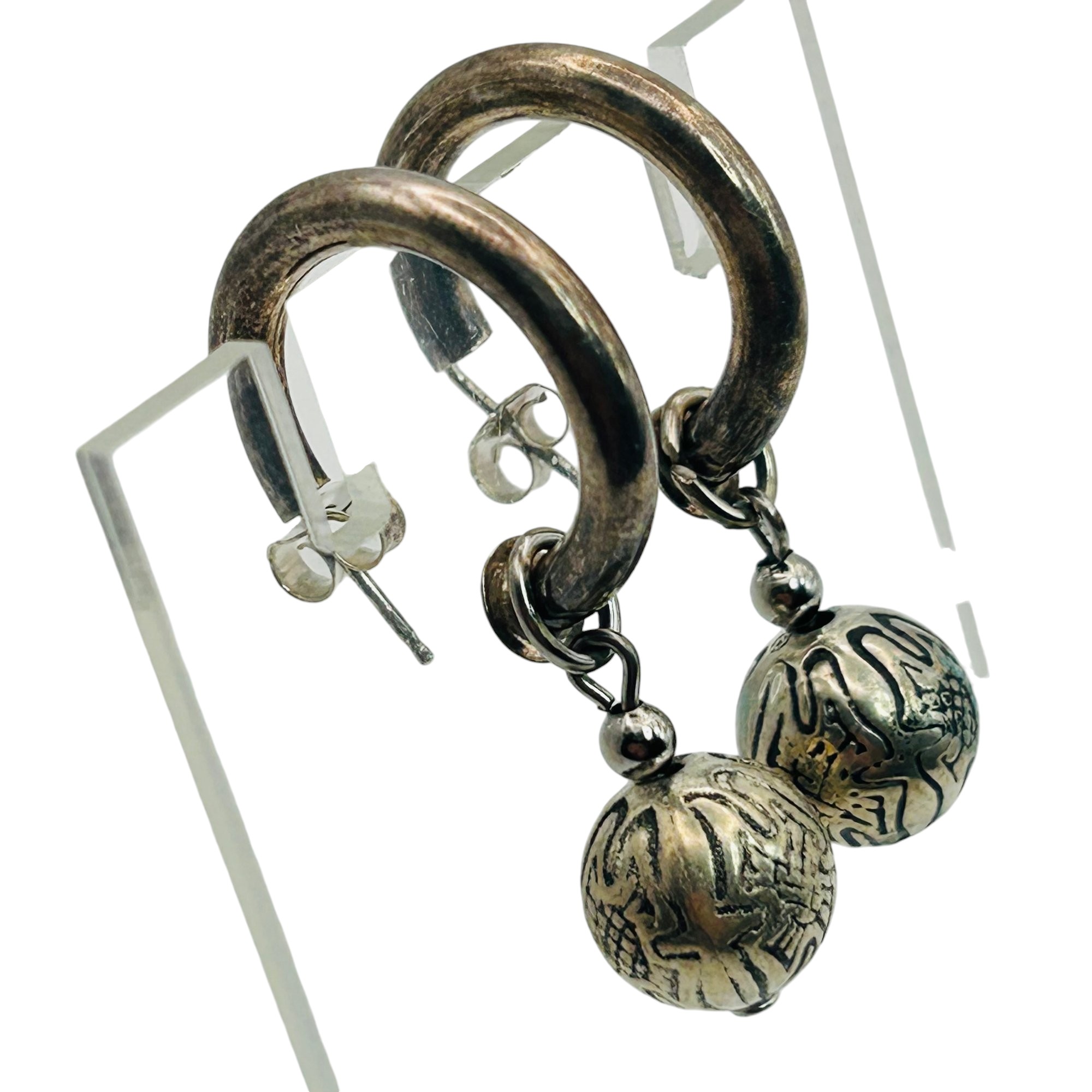 Sterling Dangle Half Hoop Ball Stamped Earrings