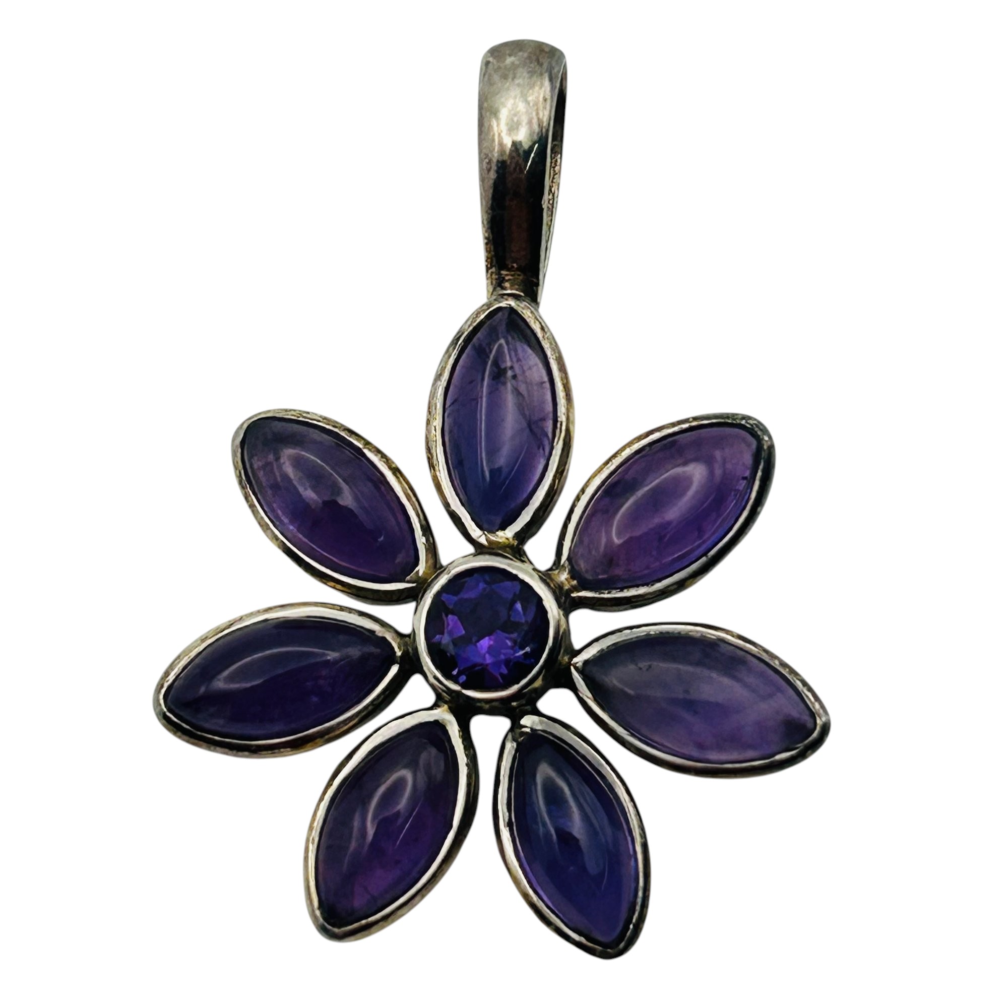 Signed Sterling Amethyst Flower Pendant