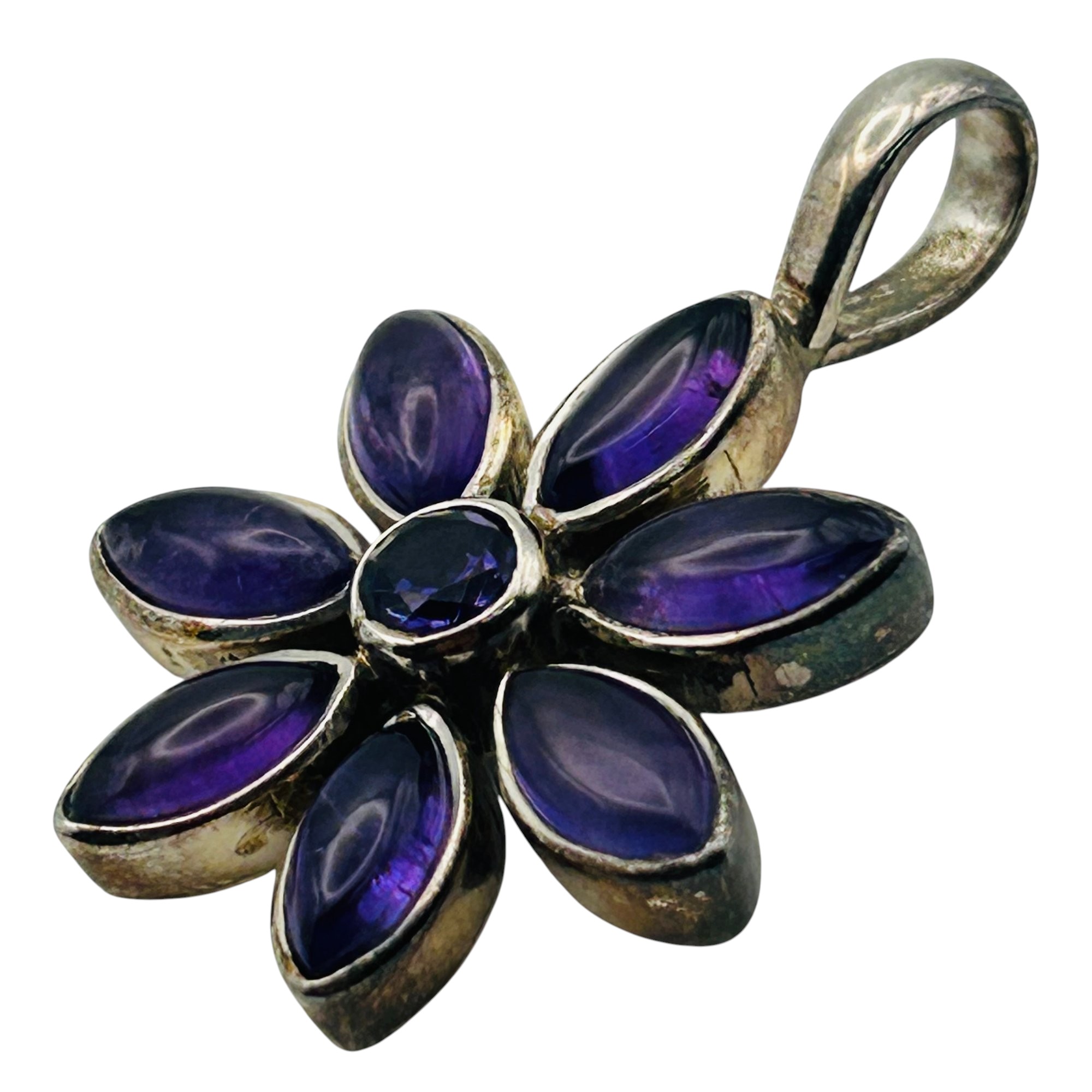 Signed Sterling Amethyst Flower Pendant