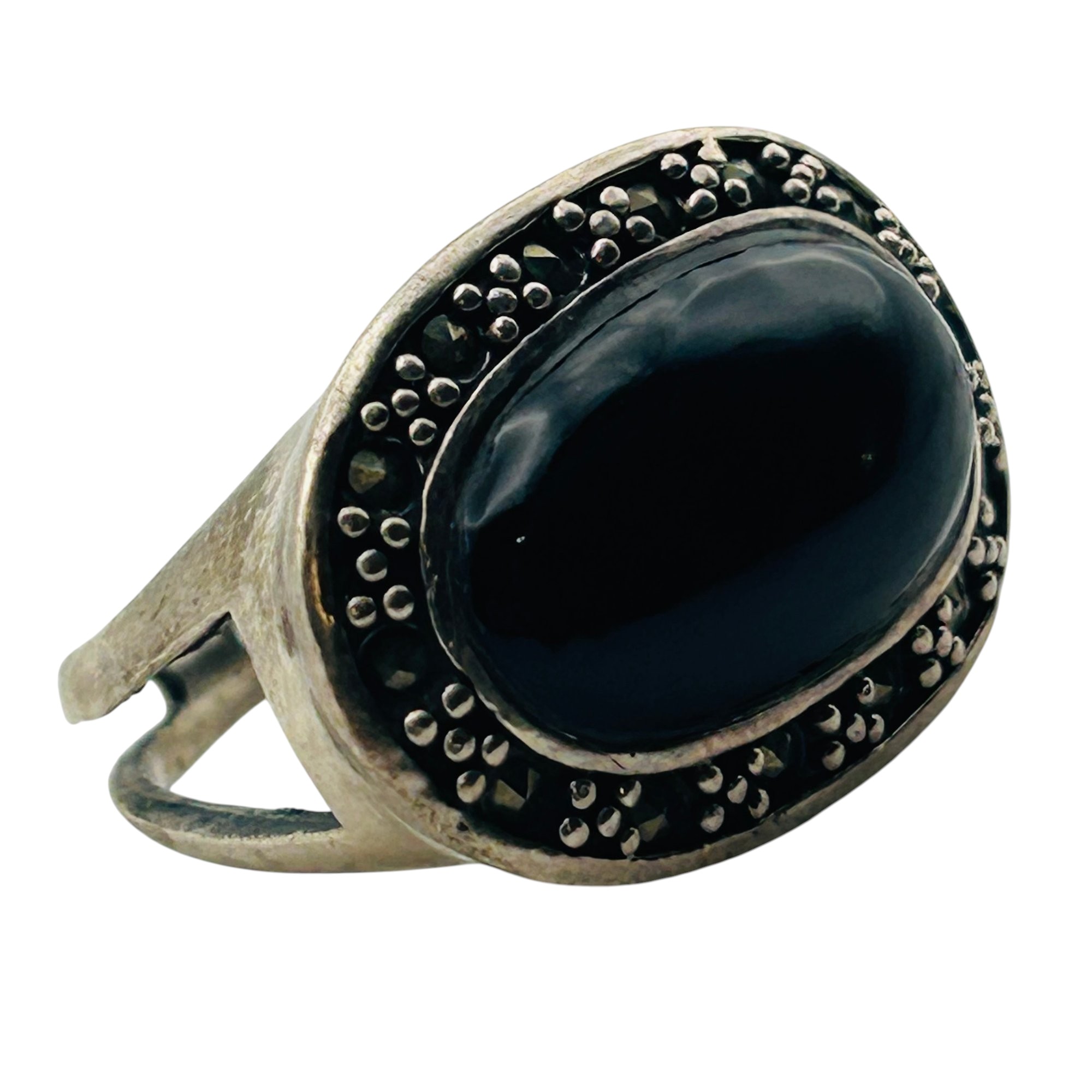 Sterling Onyx Marcasite Ring Sz 7