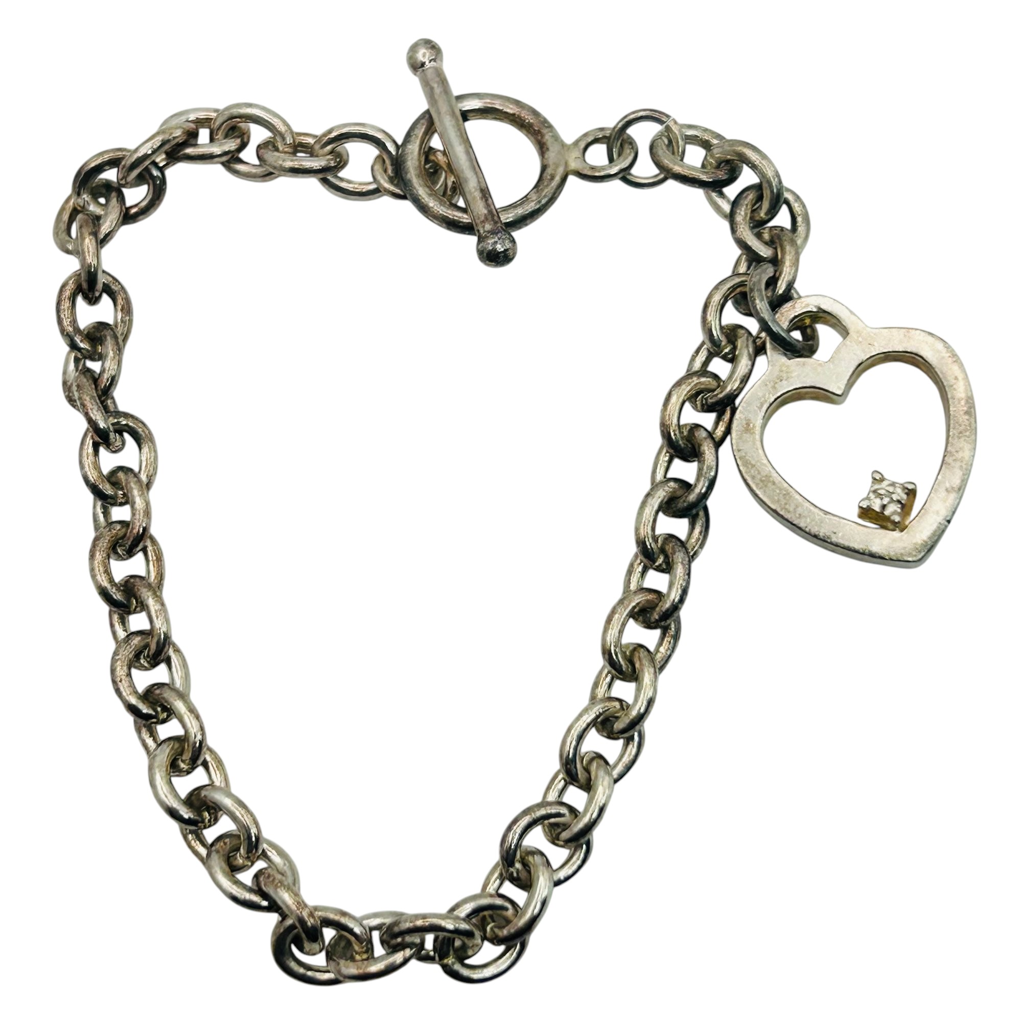 Sterling Cable Chain Heart Charm Toggle Bracelet