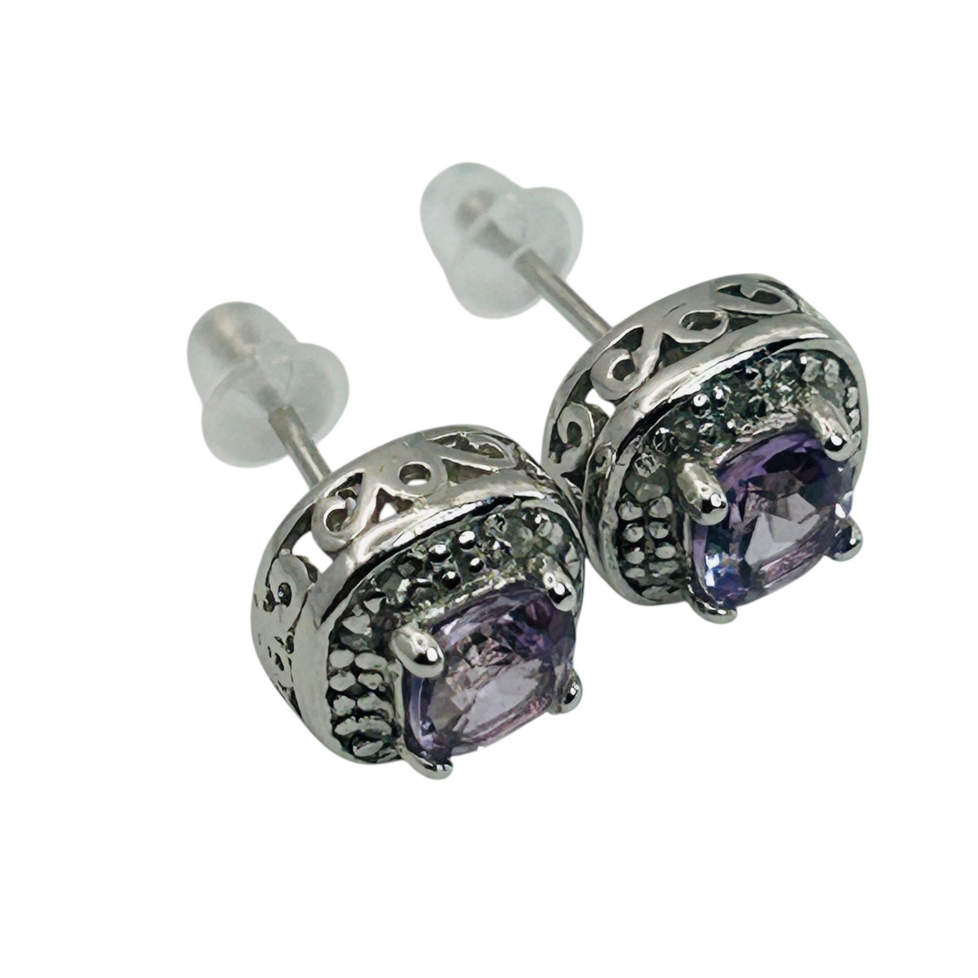 Sterling Amethyst Diamond Halo Set Earrings