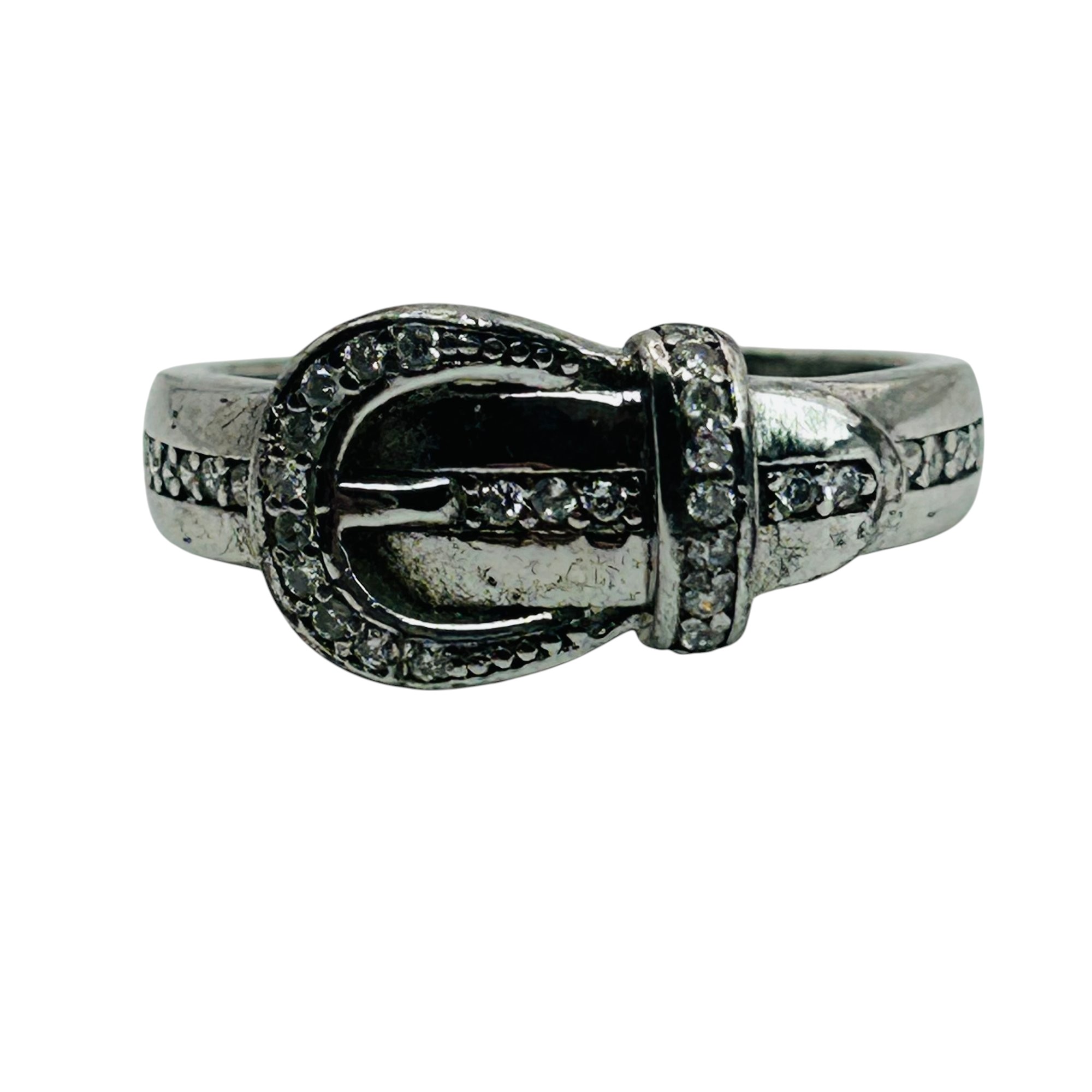 Signed Sterling Rhinestone Belt Buckle Ring Sz 6