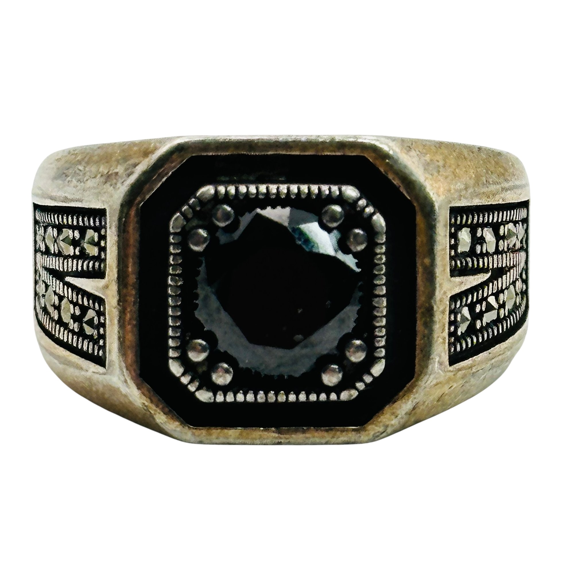 Signed Sterling Rhinestone Marcasite Ring Sz 9