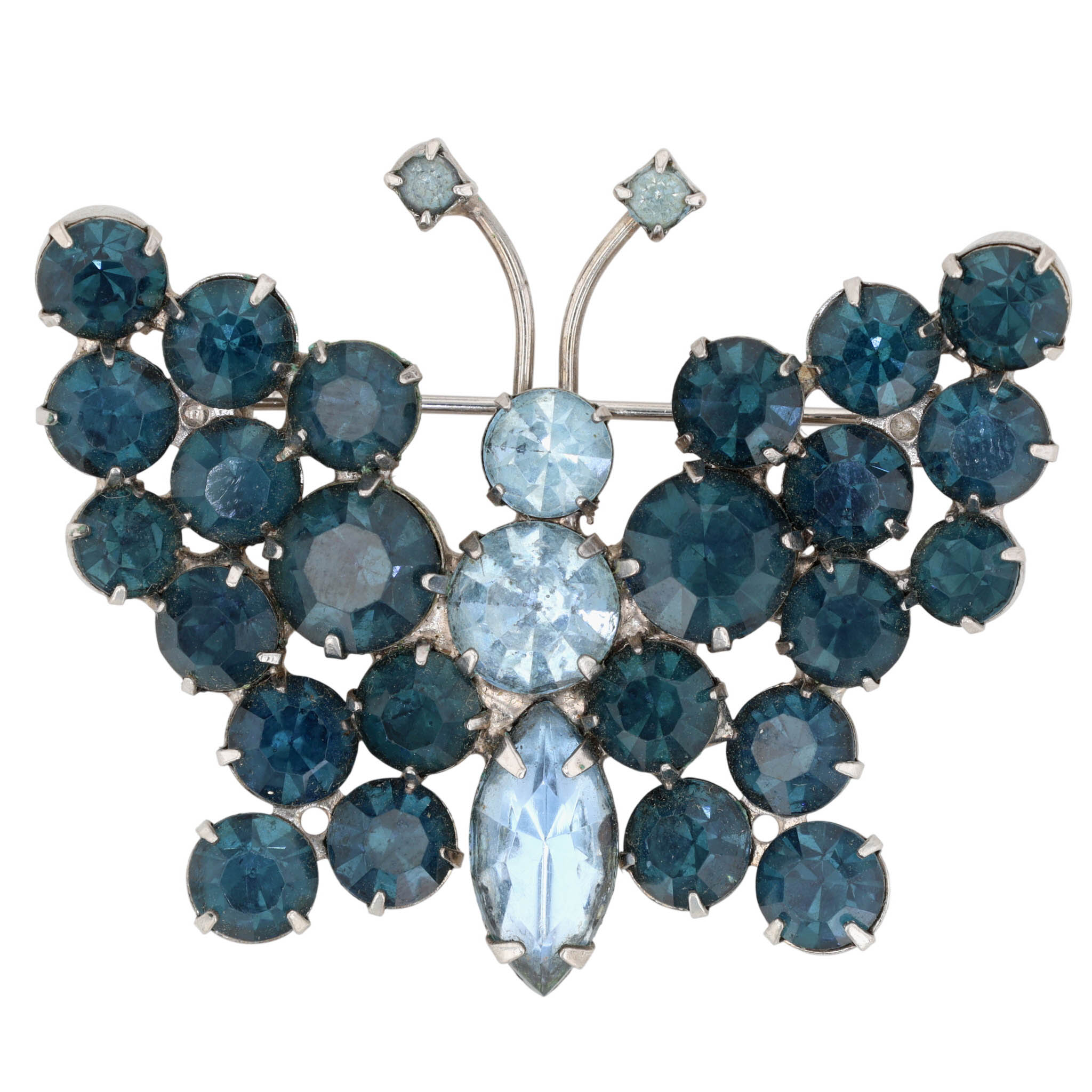 Silver Tone Blue Rhinestone Butterfly Brooch
