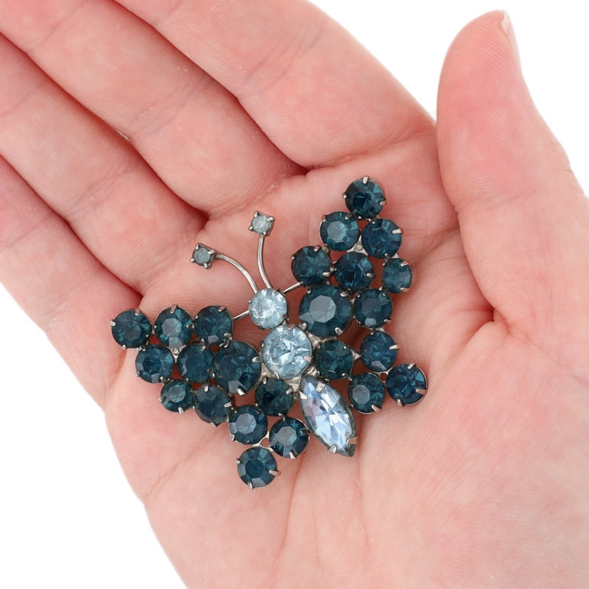 Silver Tone Blue Rhinestone Butterfly Brooch