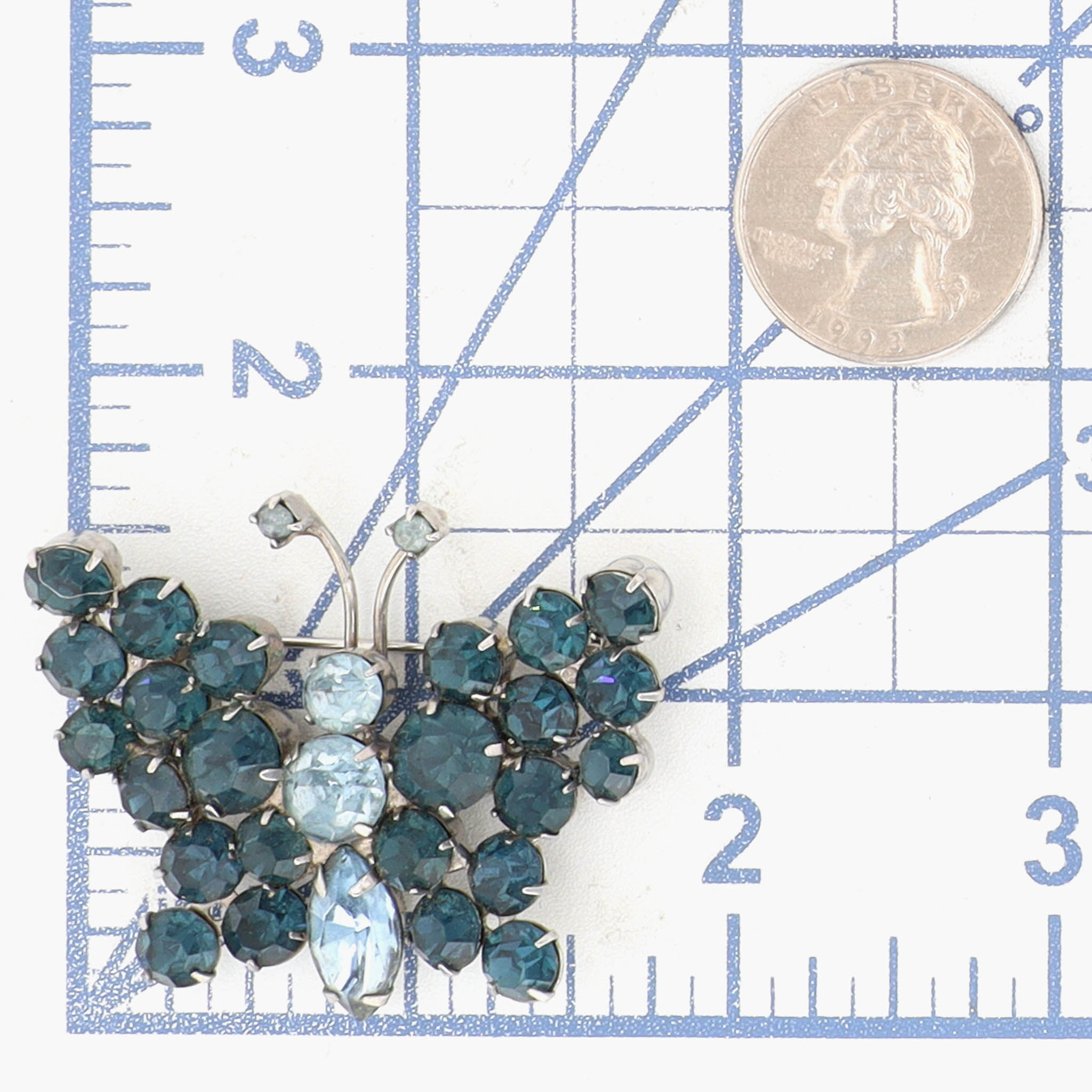 Silver Tone Blue Rhinestone Butterfly Brooch