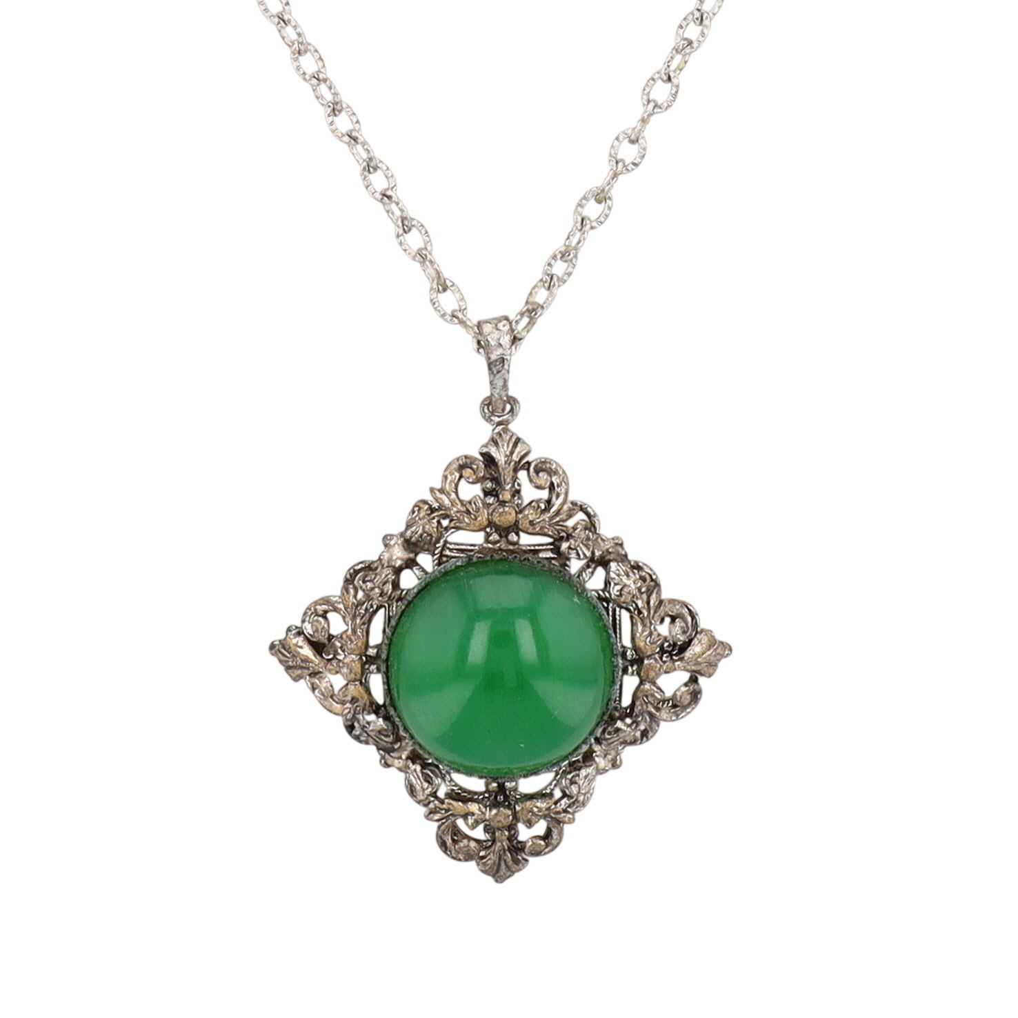 Silver Tone Glass Cabochon Open Scrollwork Necklace