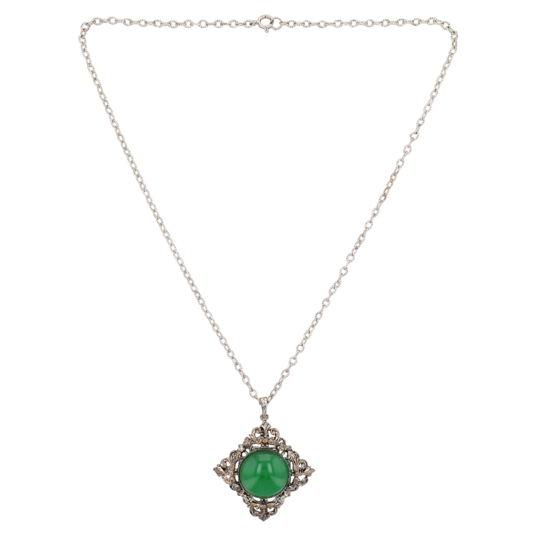 Silver Tone Glass Cabochon Open Scrollwork Necklace